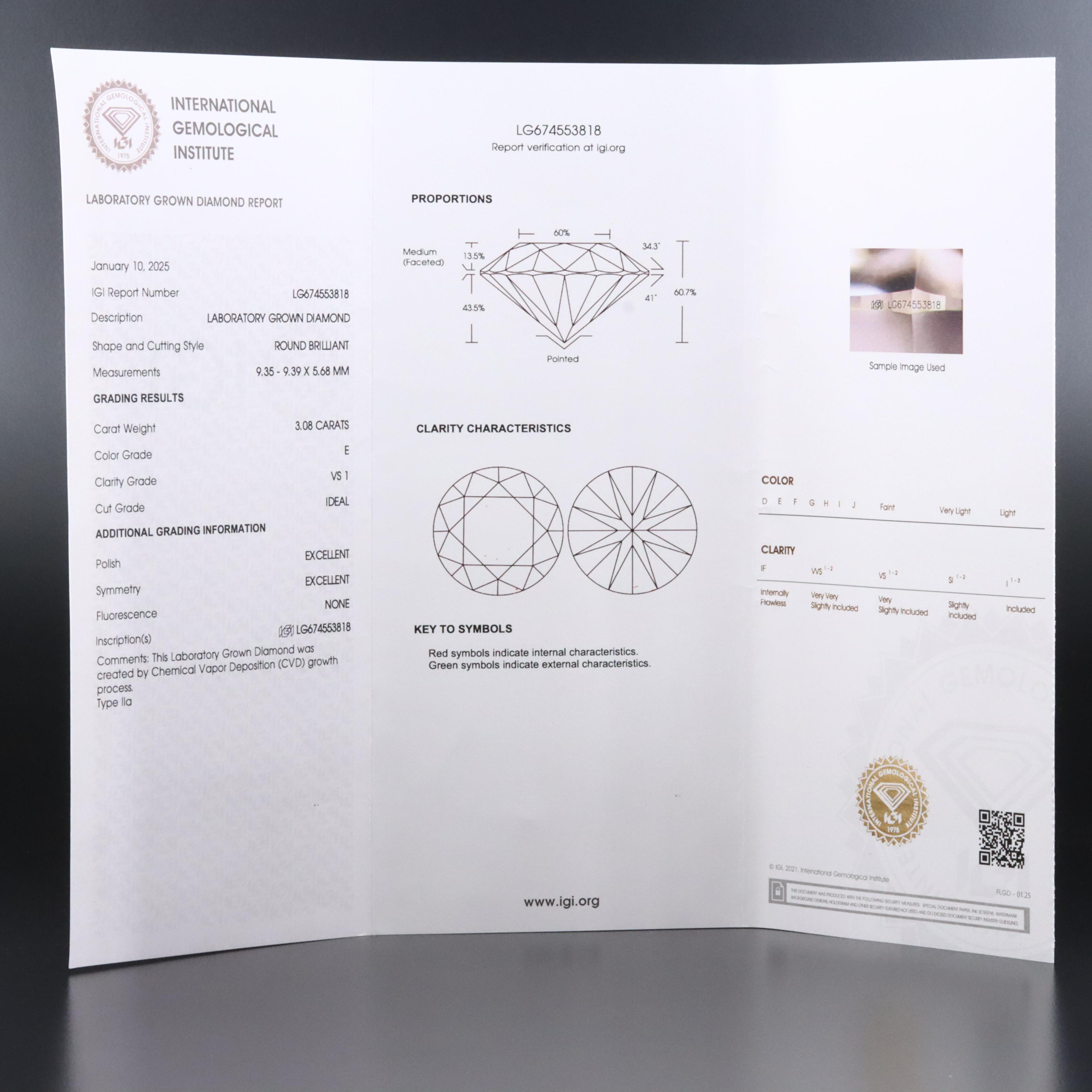 Platinum 3.08 CT Lab Grown Diamond Solitaire Ring with IGI Report