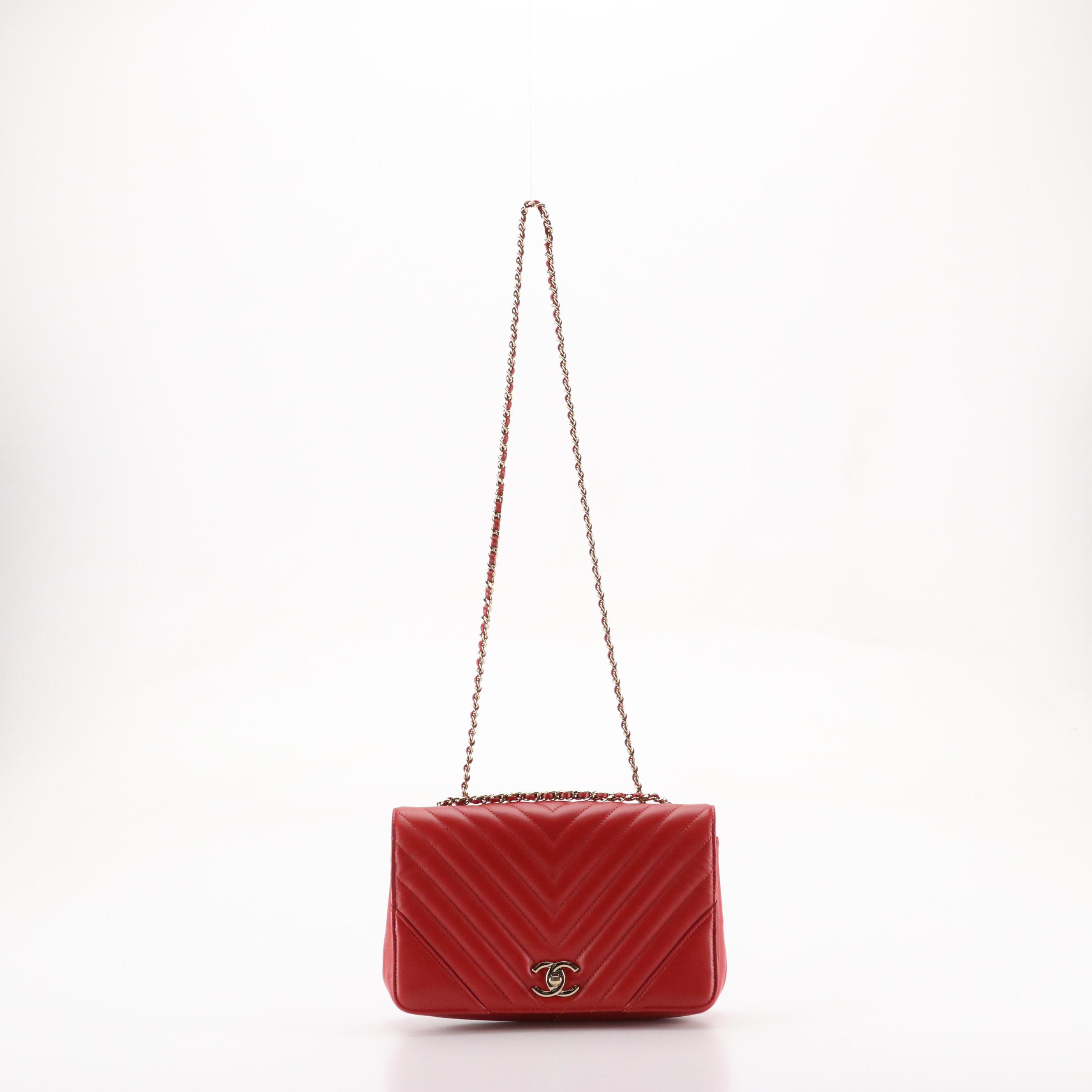 Chanel Front Flap Chain Strap Bag in Red Quilted Calfskin Leather