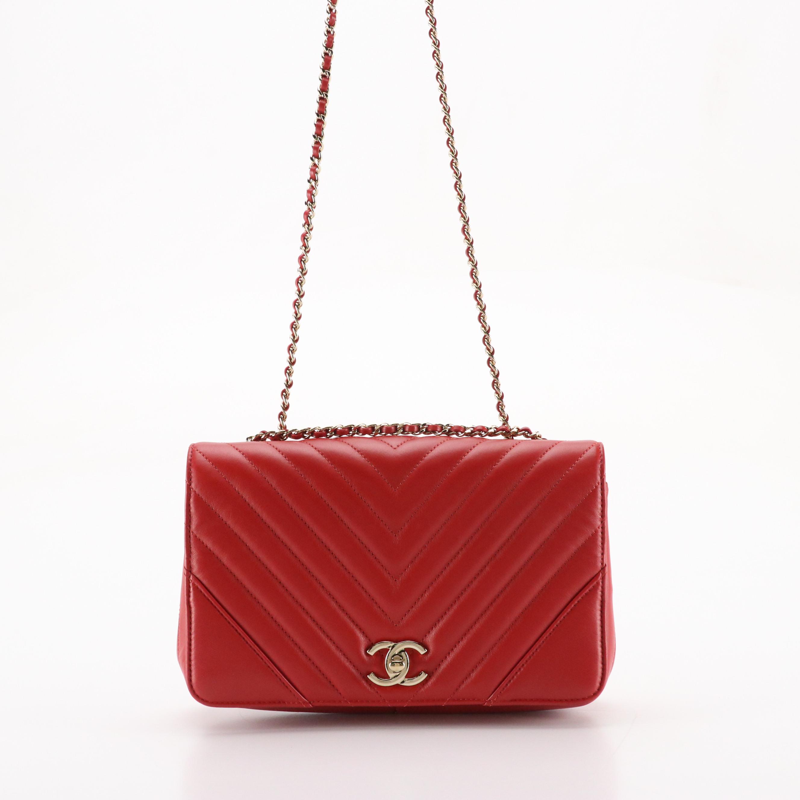 Chanel Front Flap Chain Strap Bag in Red Quilted Calfskin Leather
