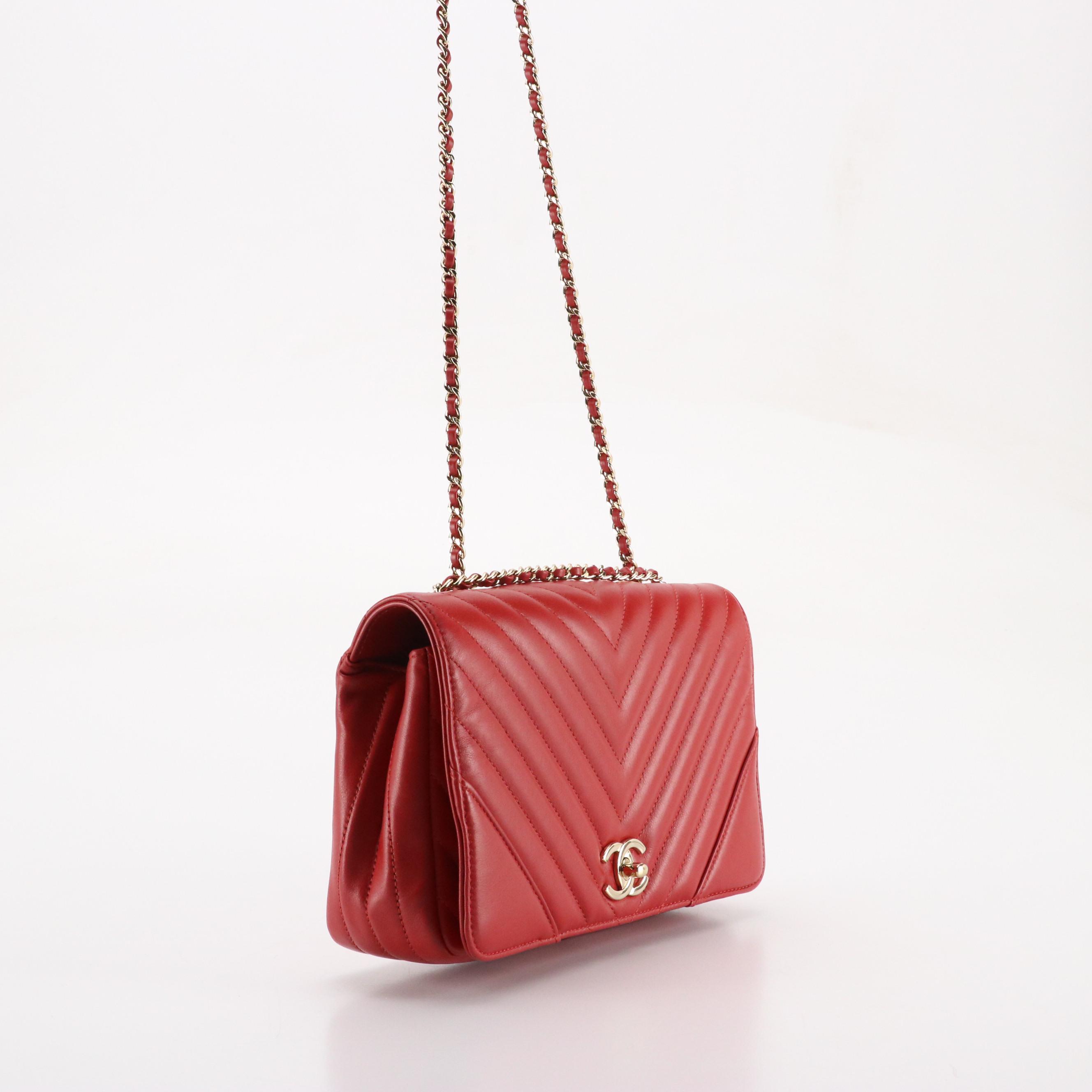 Chanel Front Flap Chain Strap Bag in Red Quilted Calfskin Leather