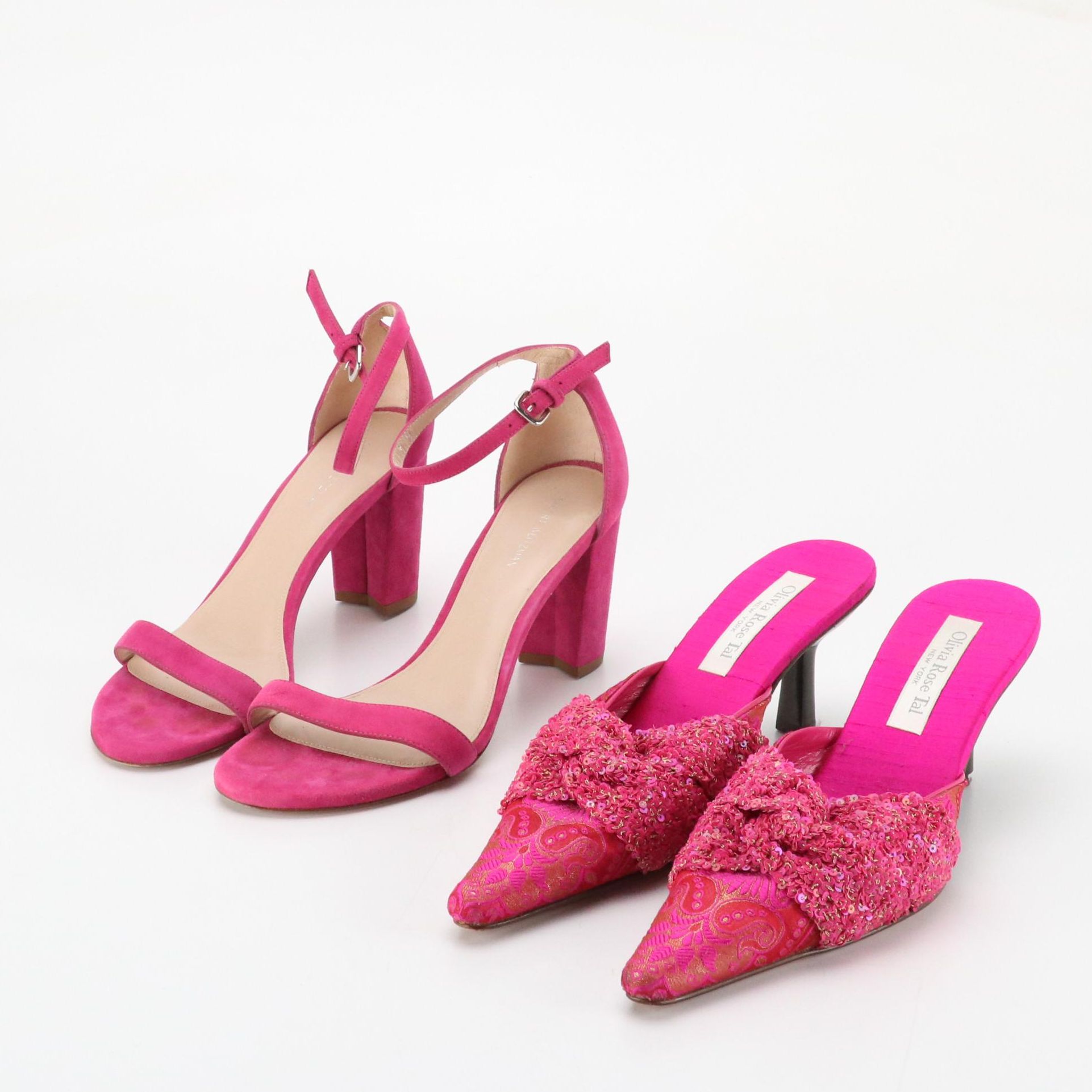 Stuart Weitzman Hot Pink Suede High-Heeled Sandals, Olivia Rose Tal Sequin Mules