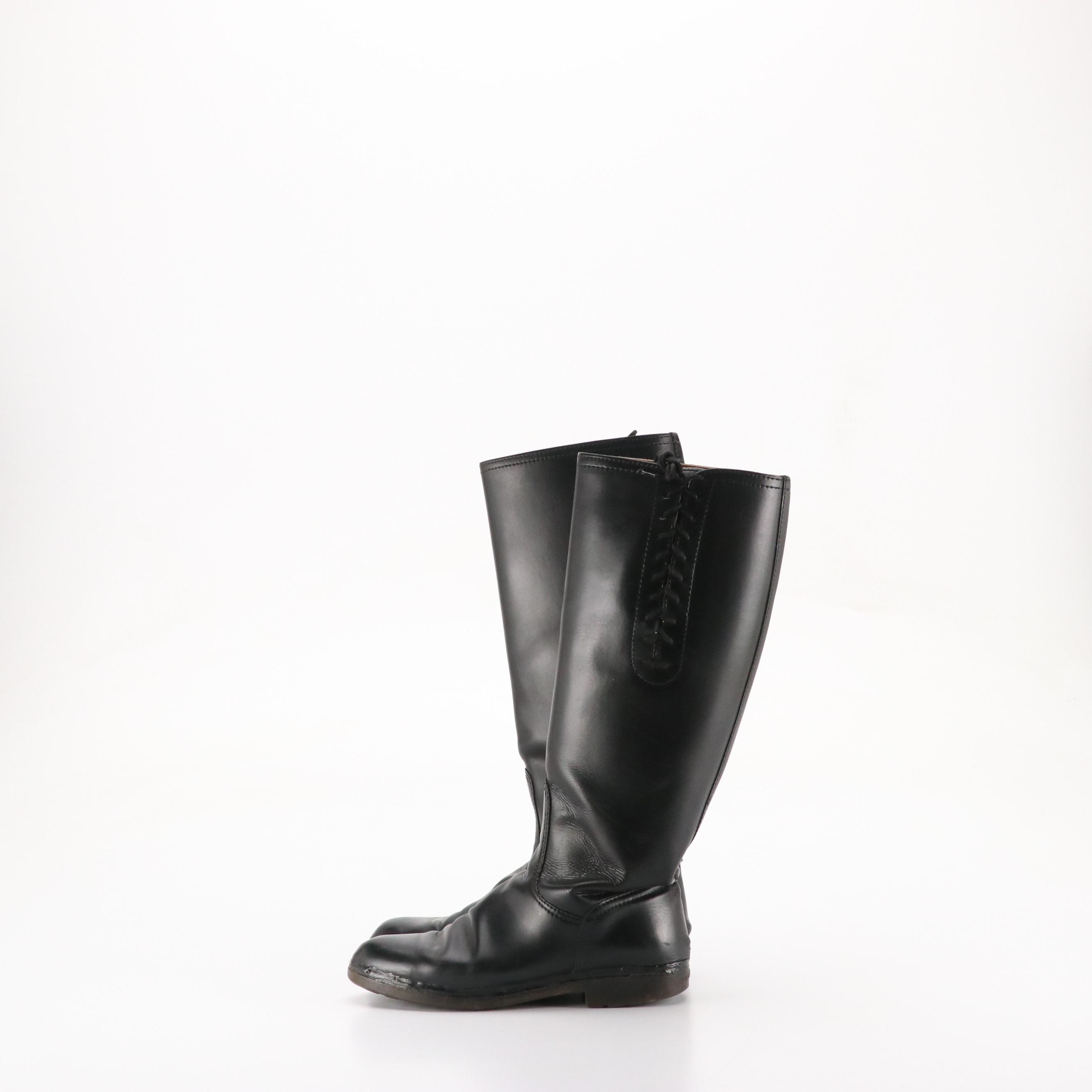 Salvatore Ferragamo Black Leather Lace-Up Riding Boots in Box
