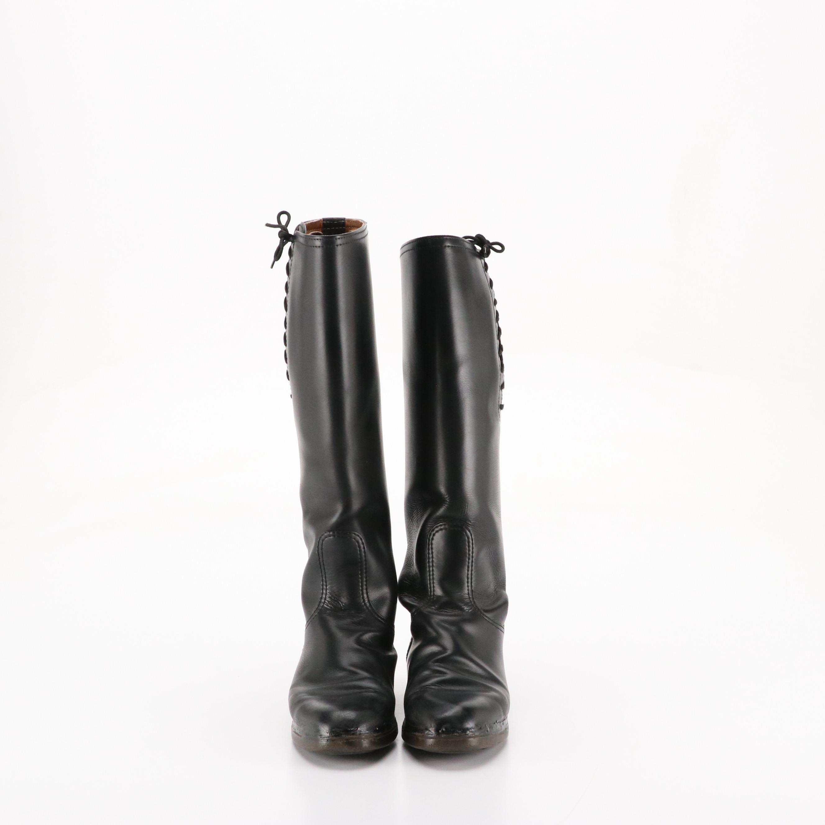 Salvatore Ferragamo Black Leather Lace-Up Riding Boots in Box