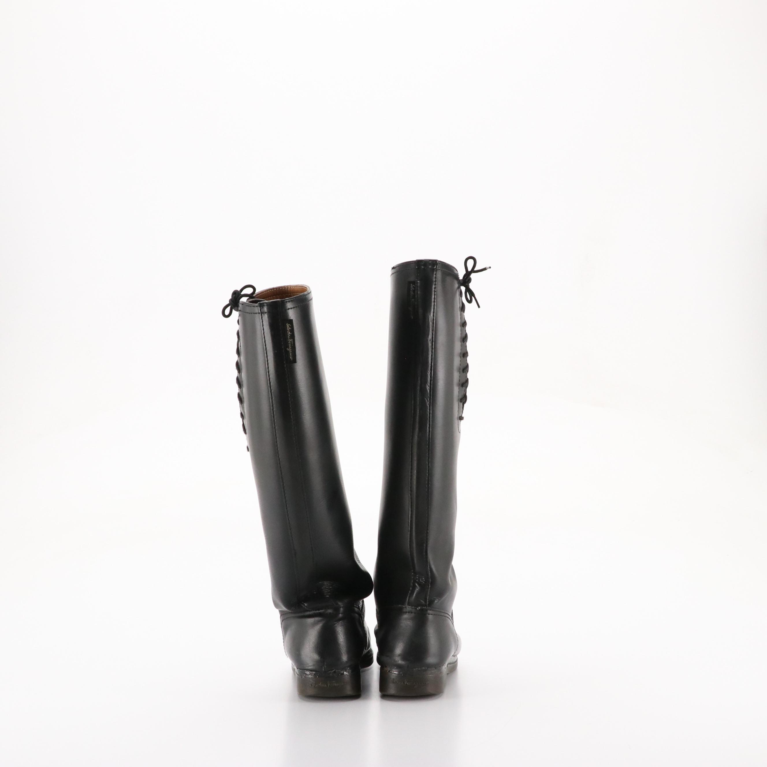 Salvatore Ferragamo Black Leather Lace-Up Riding Boots in Box