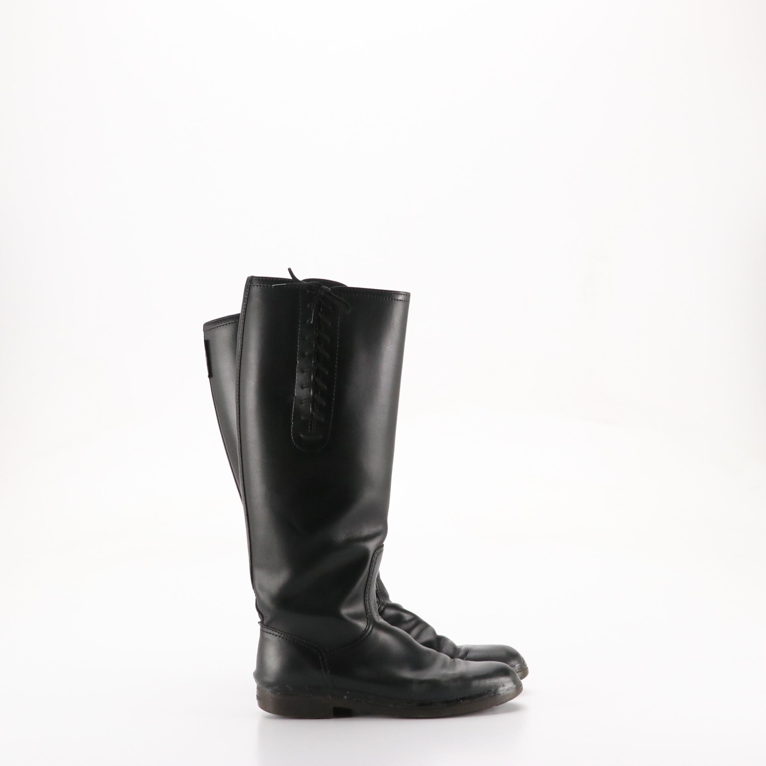 Salvatore Ferragamo Black Leather Lace-Up Riding Boots in Box