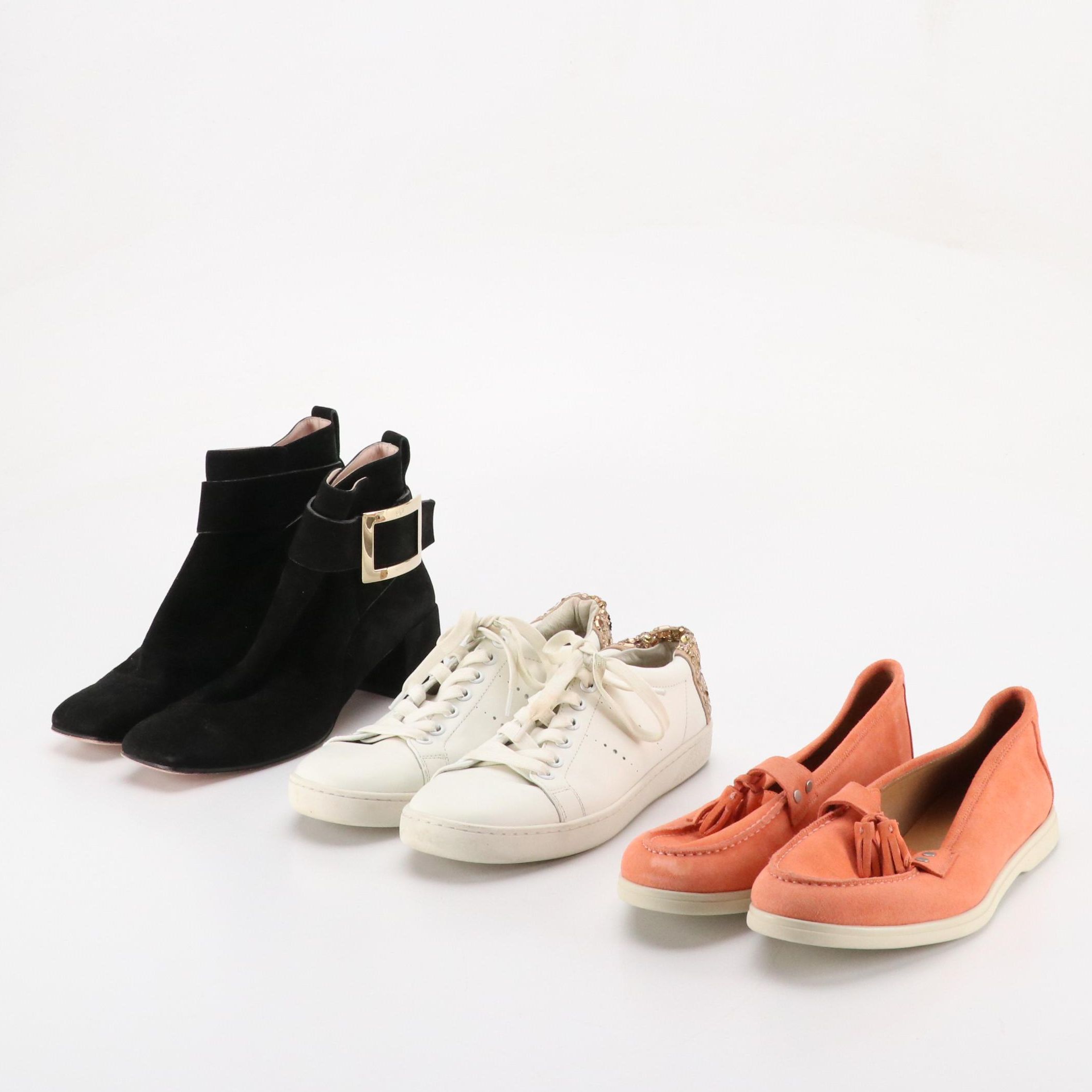 Roger Vivier Suede Buckle Booties, Lola Cruz Rhinestone Smiley Sneakers, More