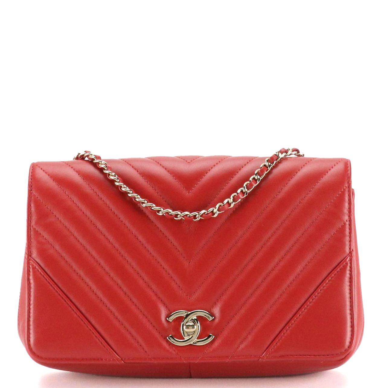 Chanel Front Flap Chain Strap Bag in Red Quilted Calfskin Leather