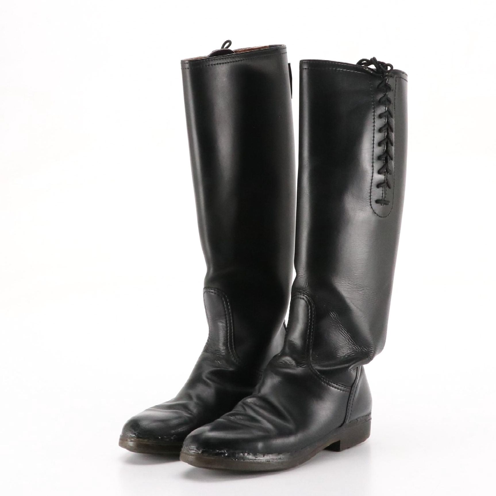 Salvatore Ferragamo Black Leather Lace-Up Riding Boots in Box