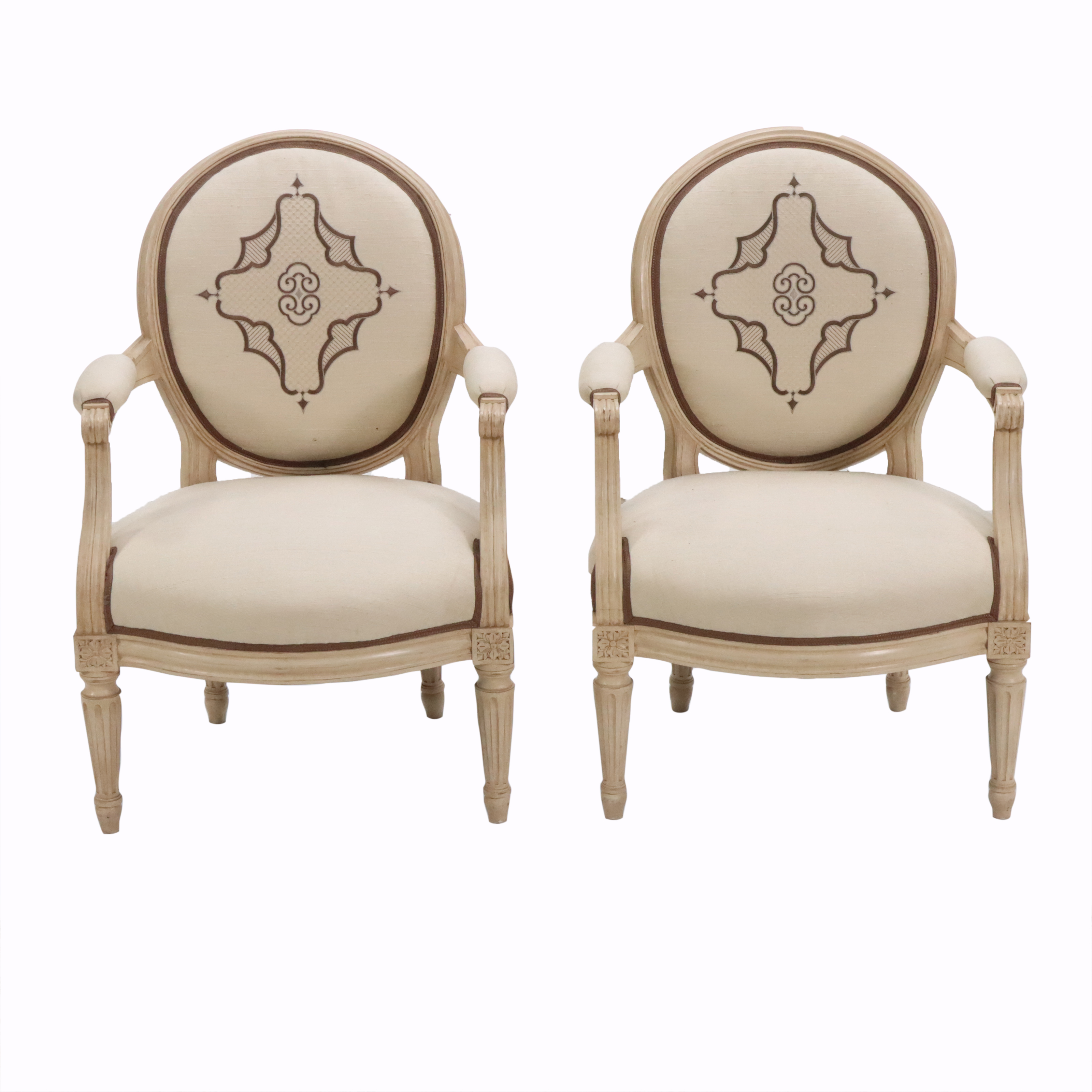 Pair of Louis XVI Style Embroidered Silk Upholstered Fauteuil Armchairs