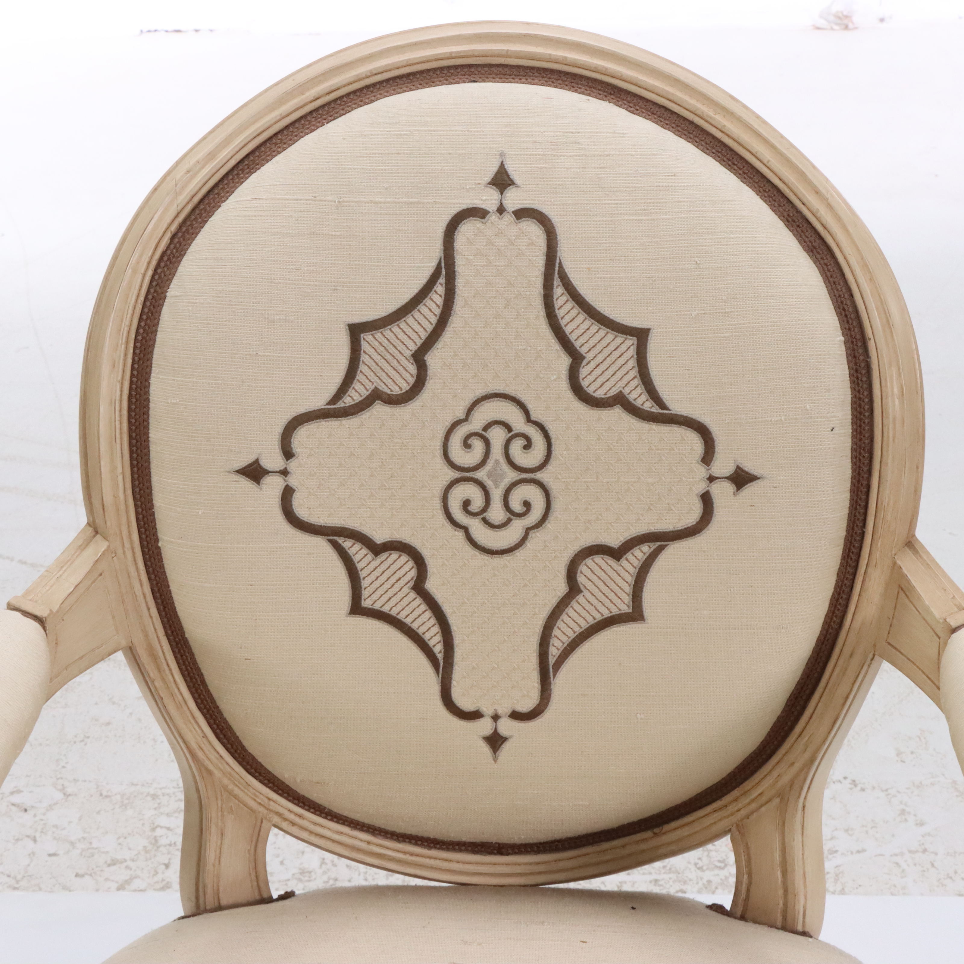 Pair of Louis XVI Style Embroidered Silk Upholstered Fauteuil Armchairs