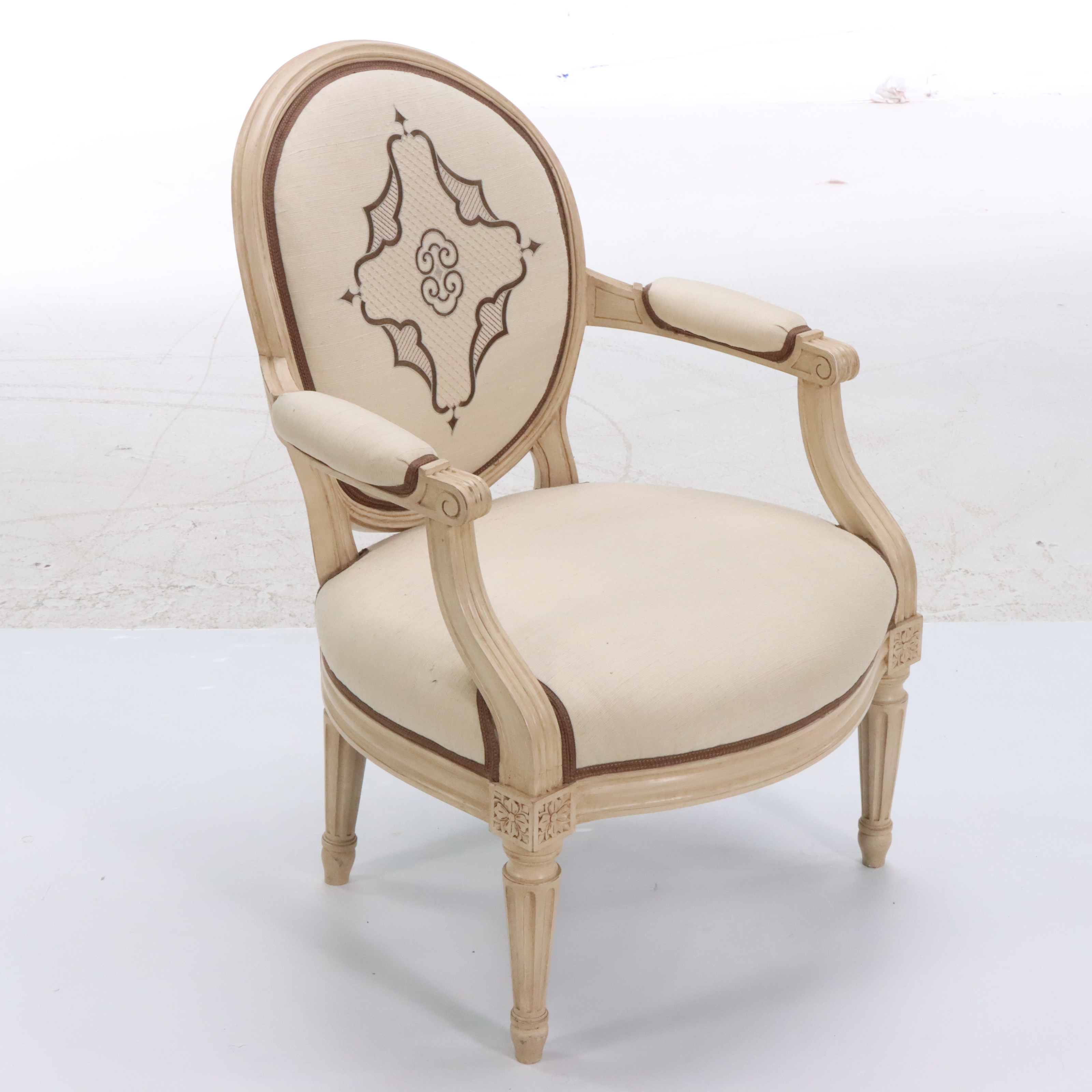 Pair of Louis XVI Style Embroidered Silk Upholstered Fauteuil Armchairs