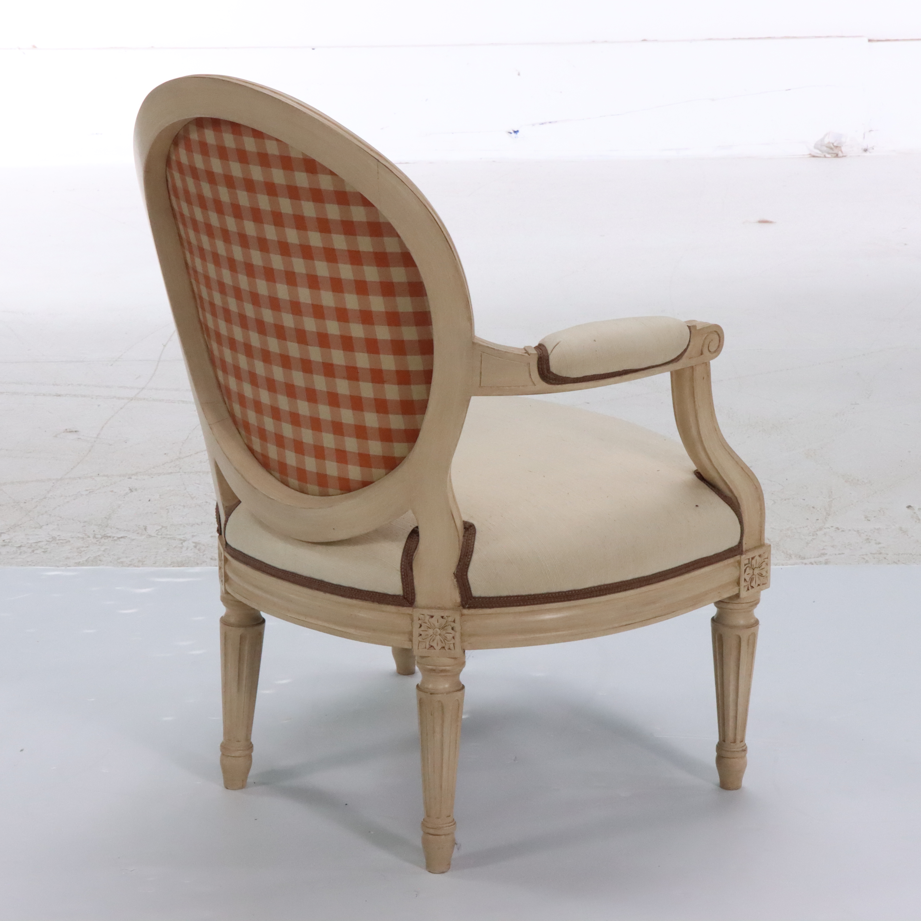 Pair of Louis XVI Style Embroidered Silk Upholstered Fauteuil Armchairs