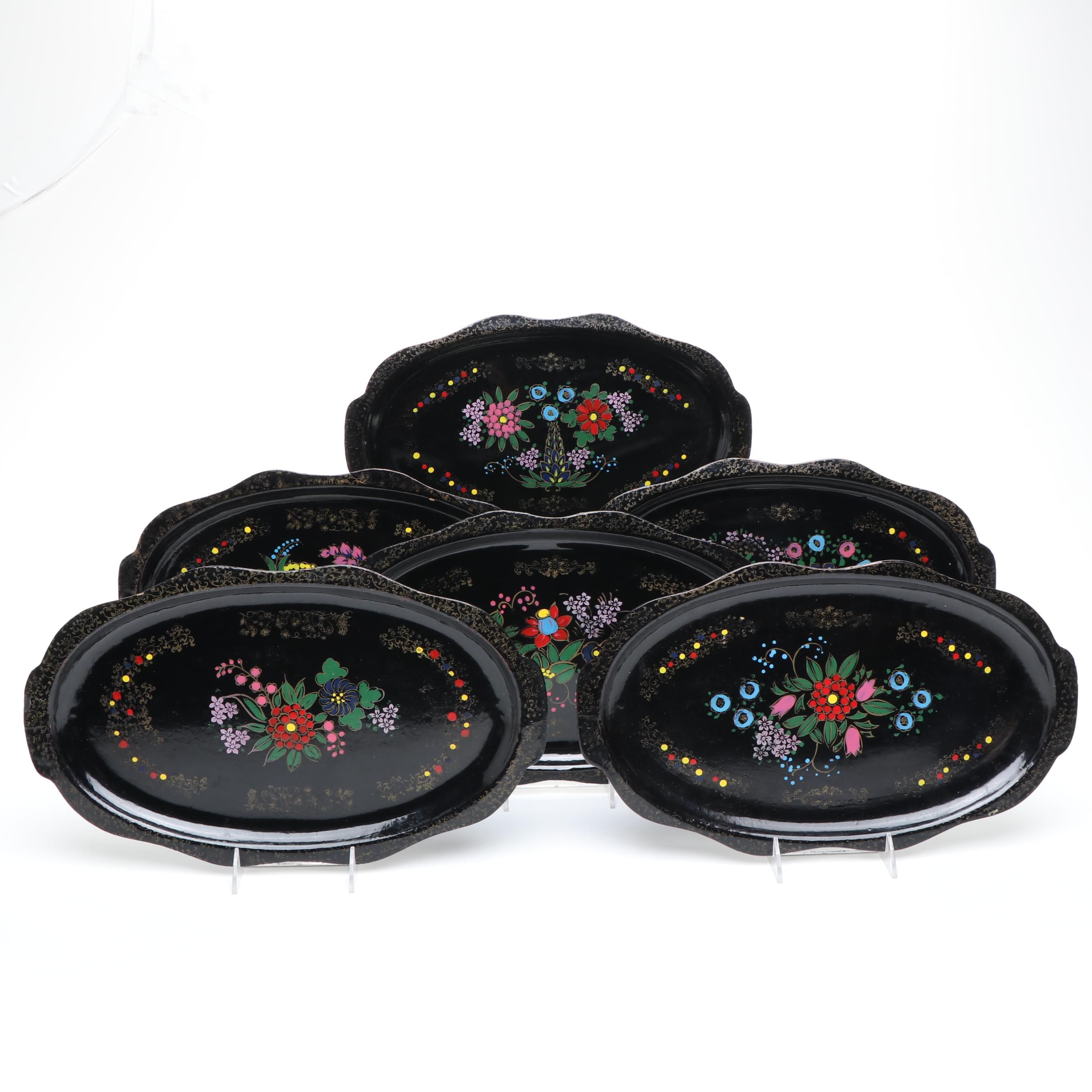 Japanese Hand-Painted Floral Lacquerware Trays