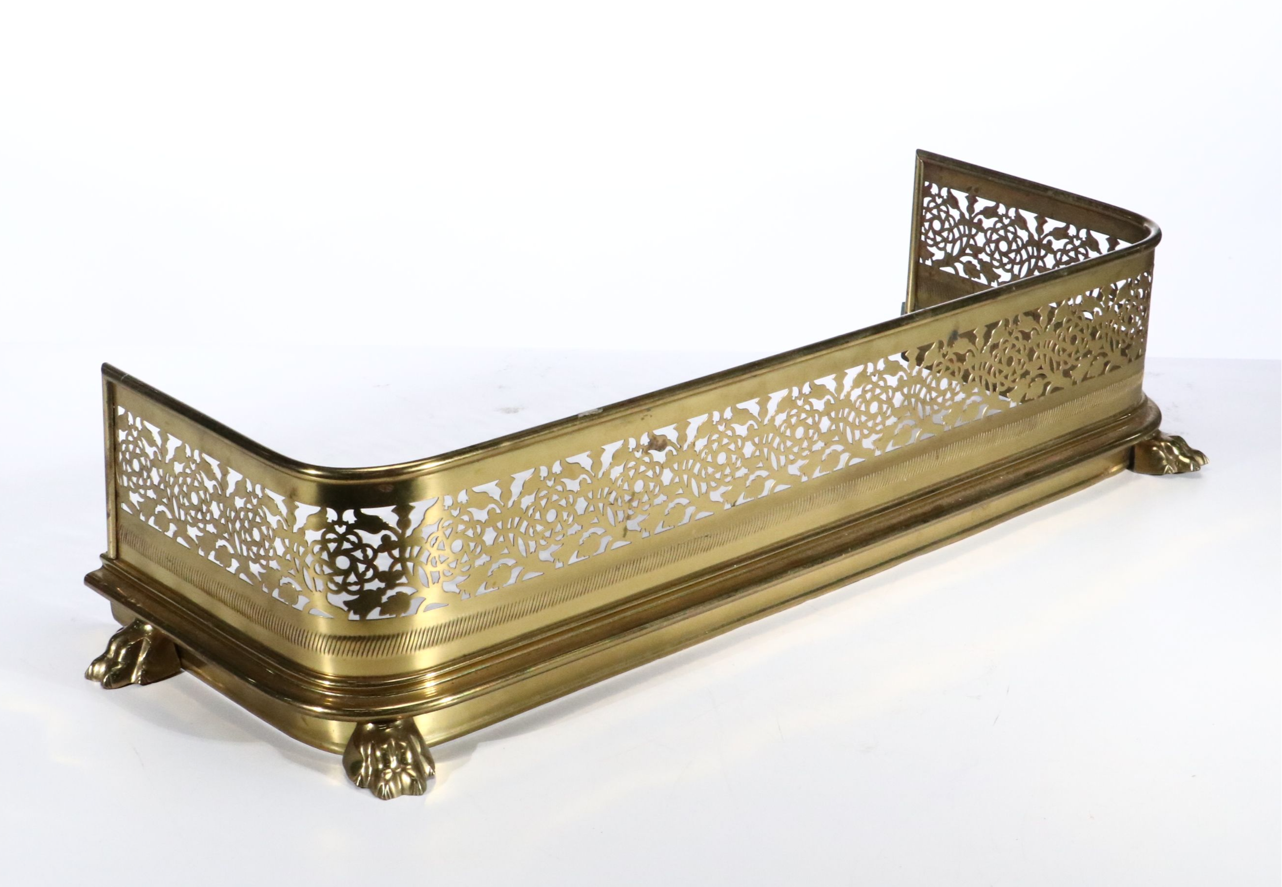 Regency Style Reticulated Brass Fireplace Fender with Paw Feet, 20th Century