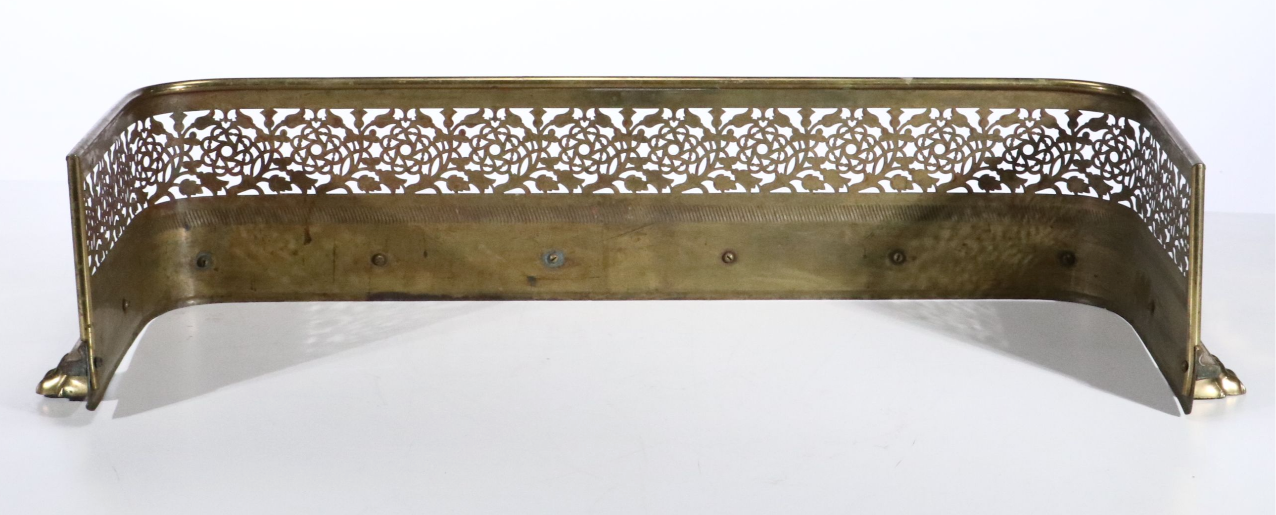 Regency Style Reticulated Brass Fireplace Fender with Paw Feet, 20th Century