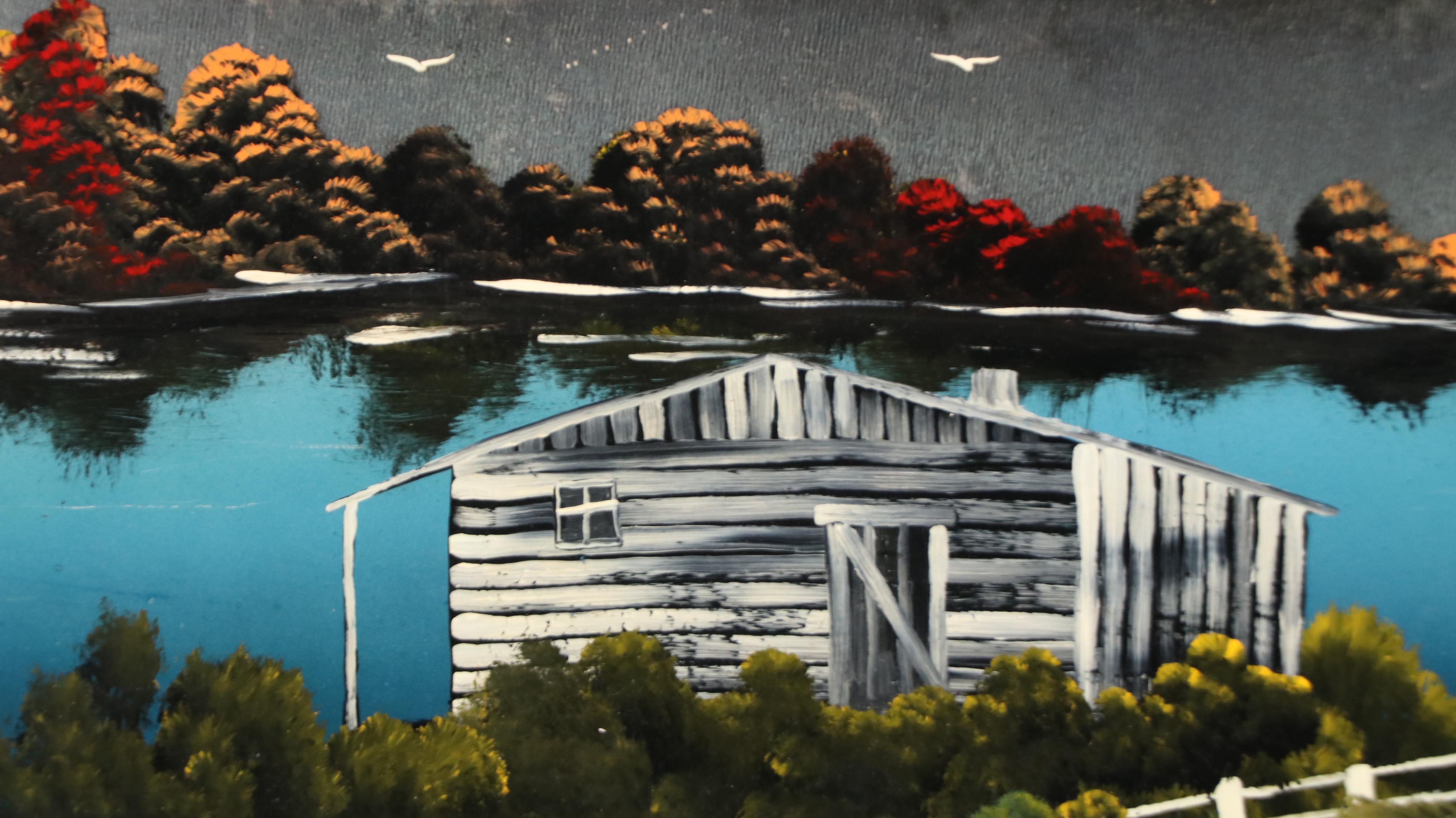 Nocturne Lake Landscape Enamel Painting on Mirrored Glass, 1980