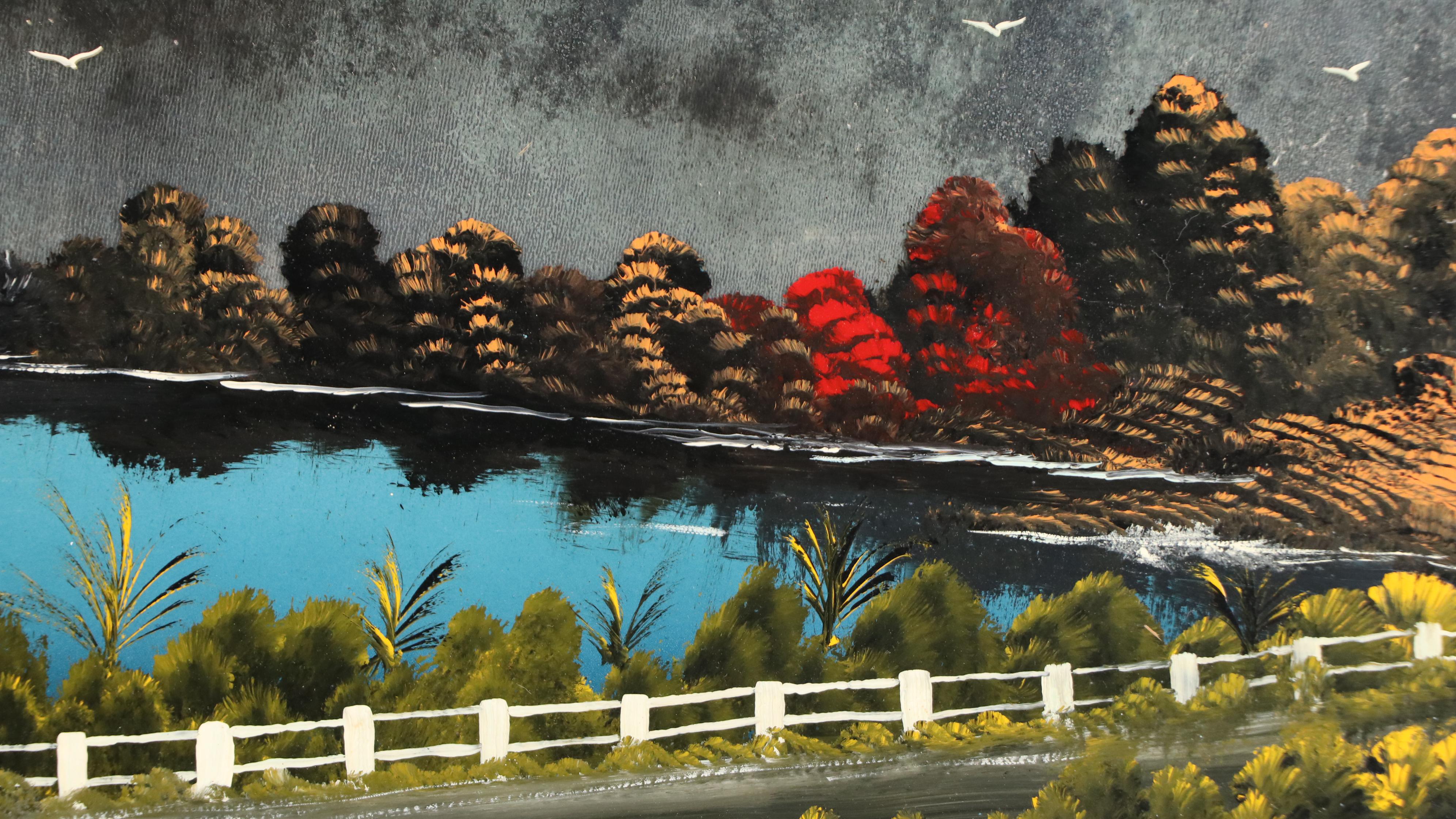 Nocturne Lake Landscape Enamel Painting on Mirrored Glass, 1980