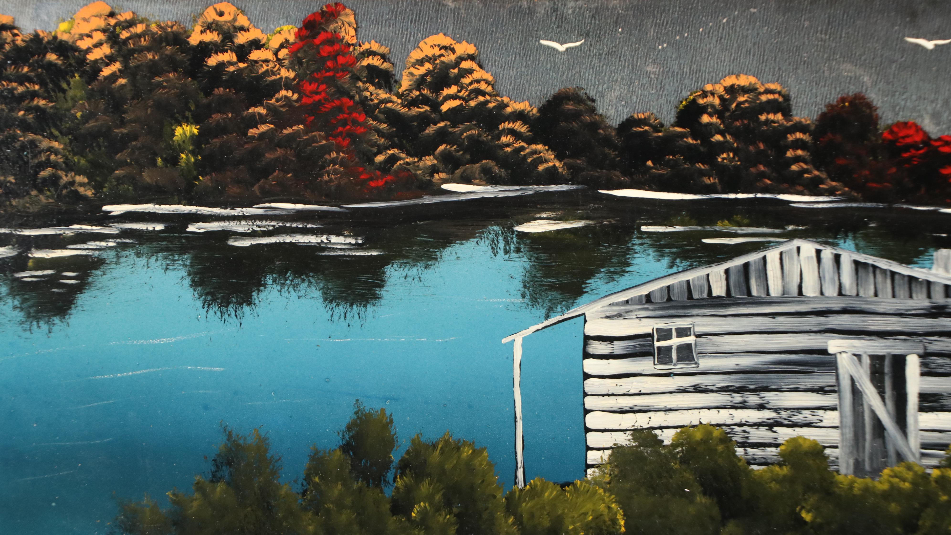 Nocturne Lake Landscape Enamel Painting on Mirrored Glass, 1980
