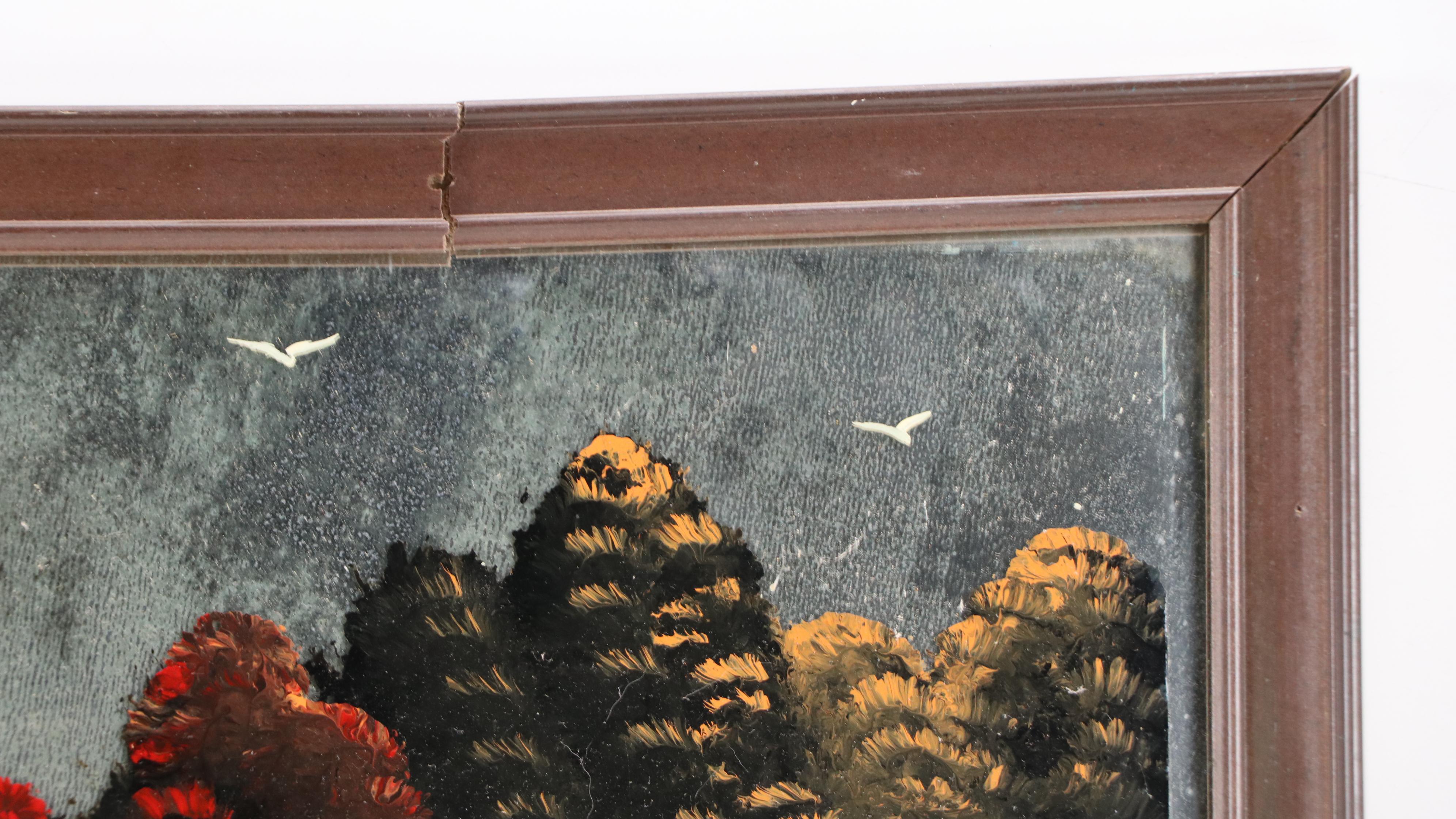 Nocturne Lake Landscape Enamel Painting on Mirrored Glass, 1980