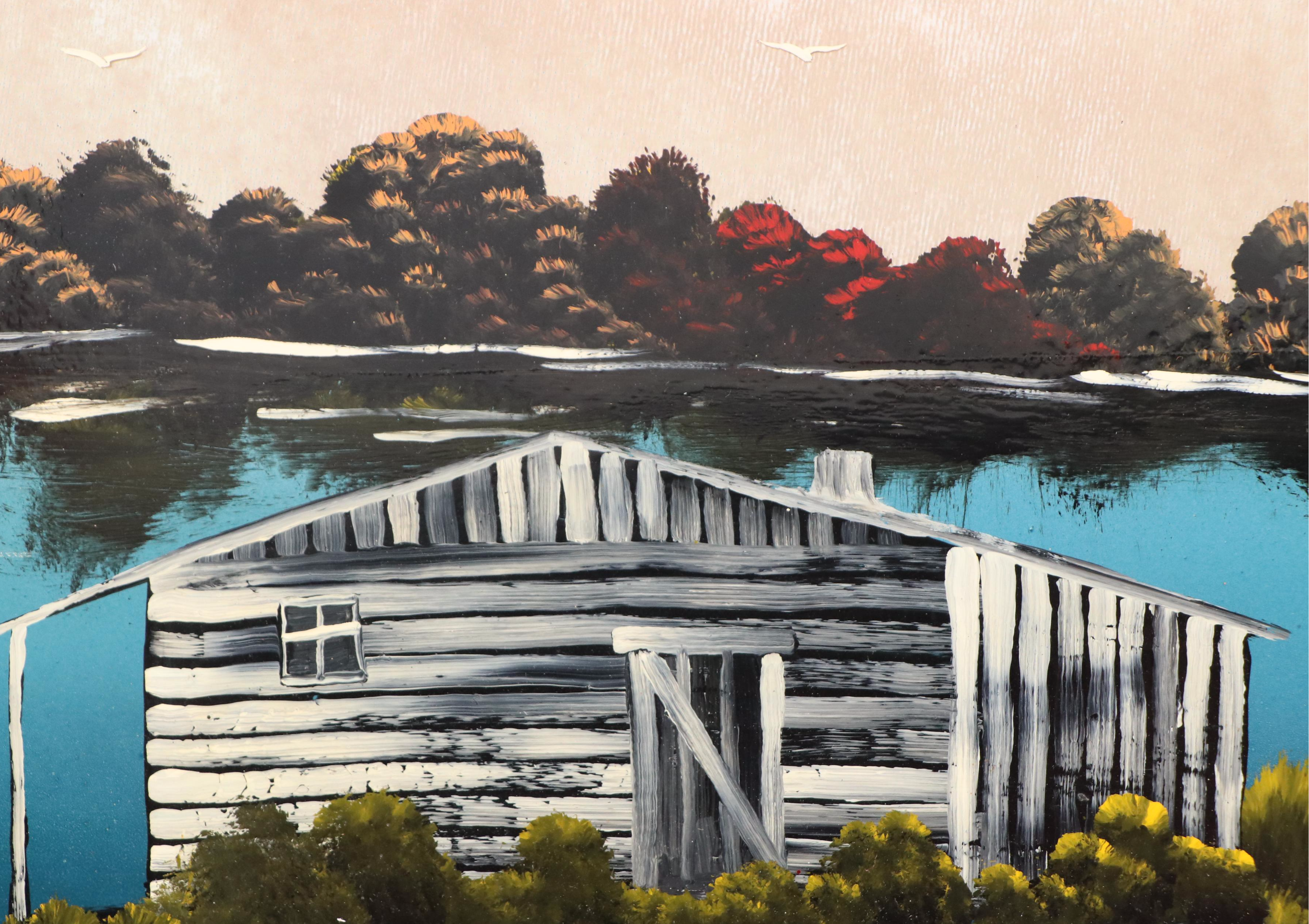 Nocturne Lake Landscape Enamel Painting on Mirrored Glass, 1980