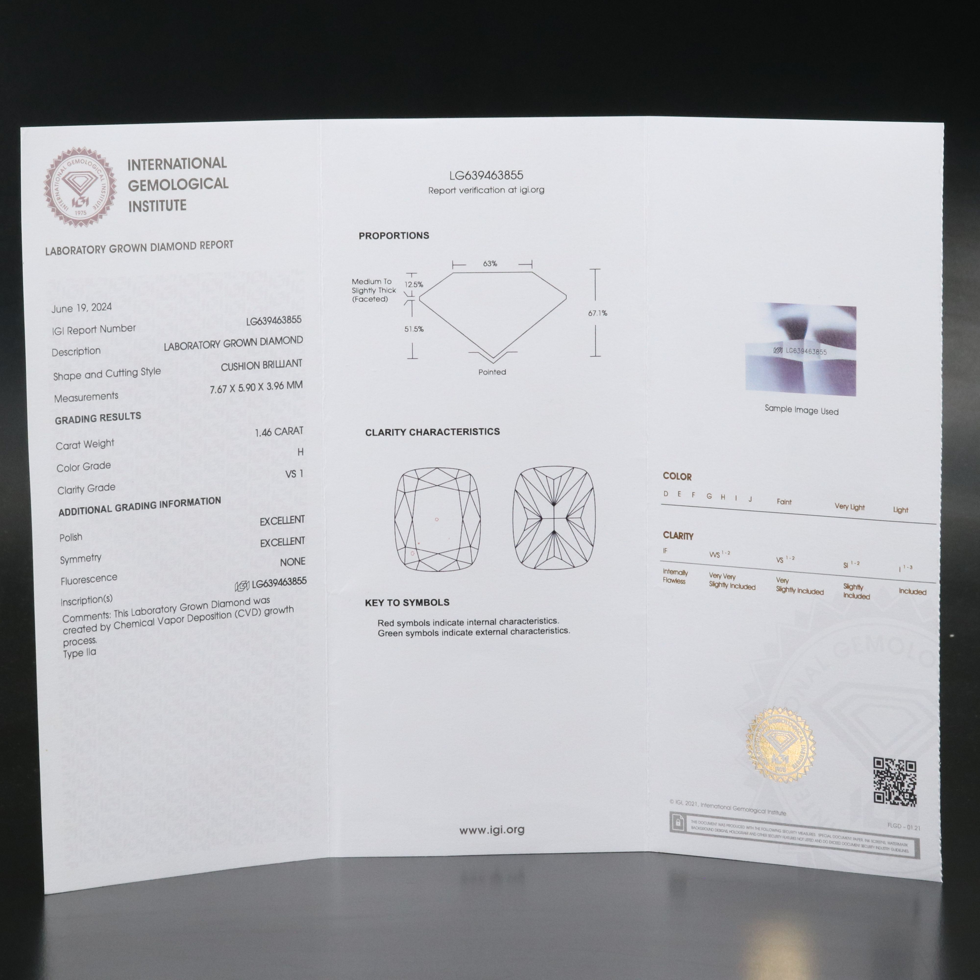 Loose 1.46 CT Lab Grown Diamond with IGI Report
