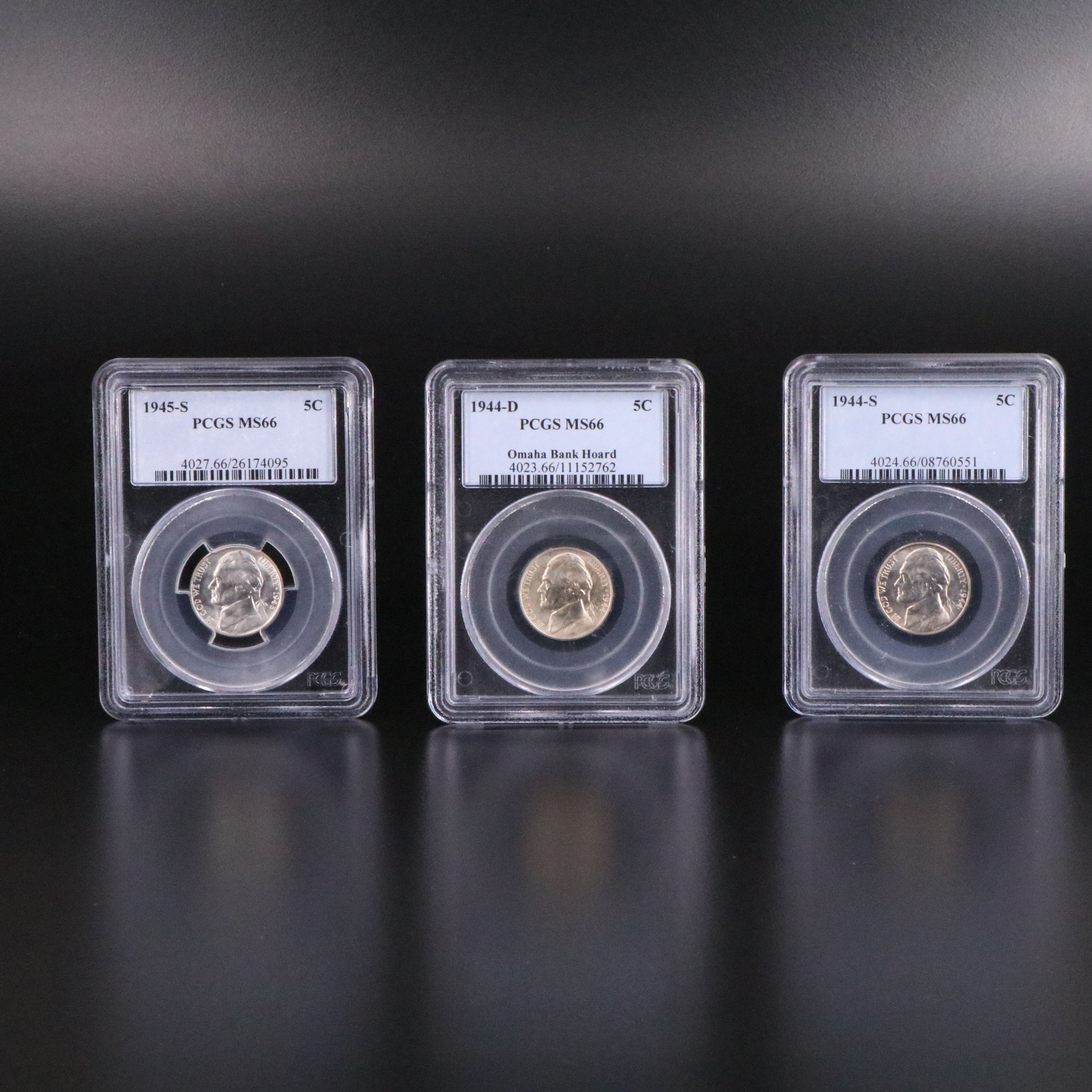Three PCGS Graded MS66 WWII Silver Jefferson Nickels