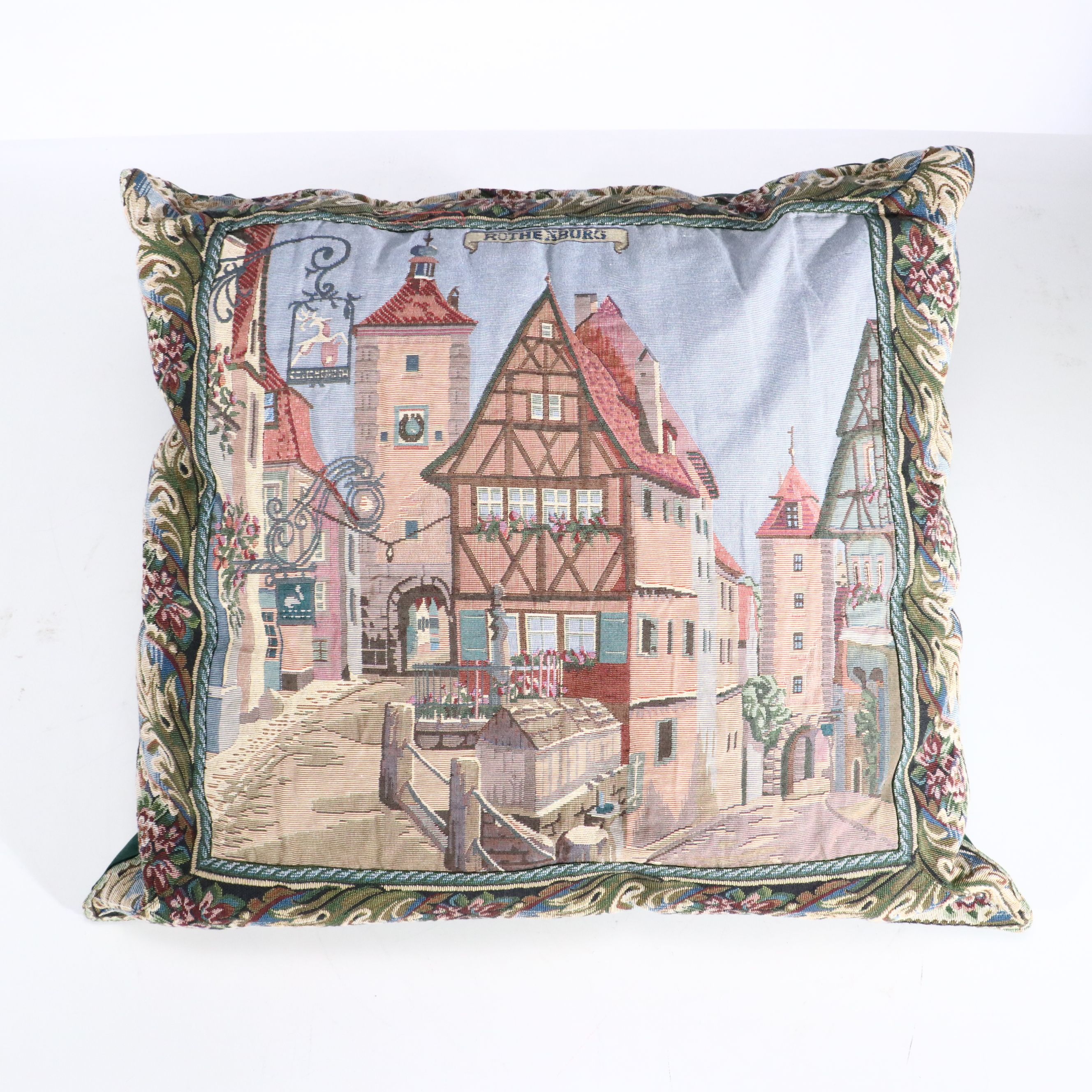 Tapestry Style Rothenburg and Red Fringe Throw Pillows