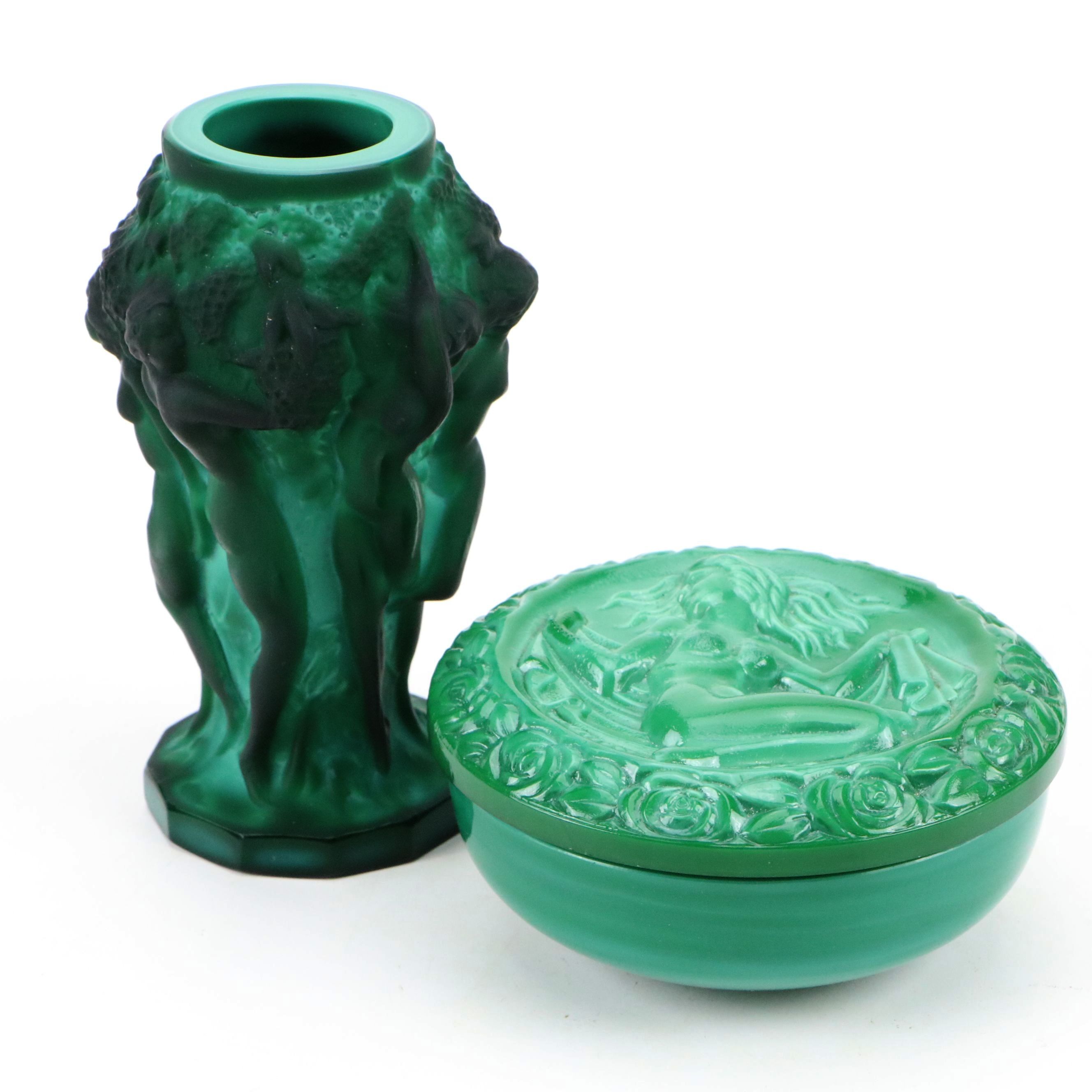 Bohemian Art Deco Desna Malachite Glass Vase with Malachite Glass Box