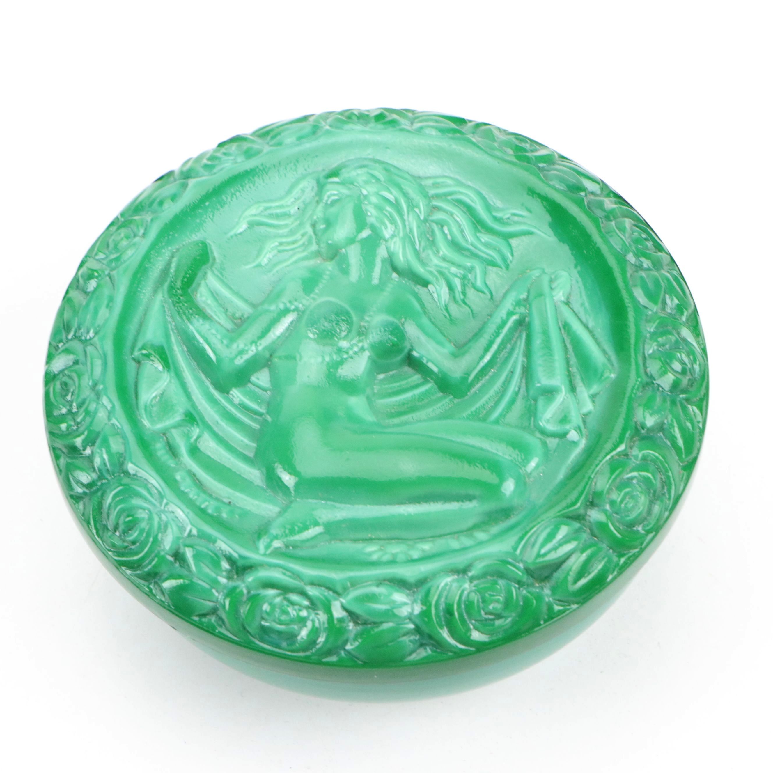 Bohemian Art Deco Desna Malachite Glass Vase with Malachite Glass Box