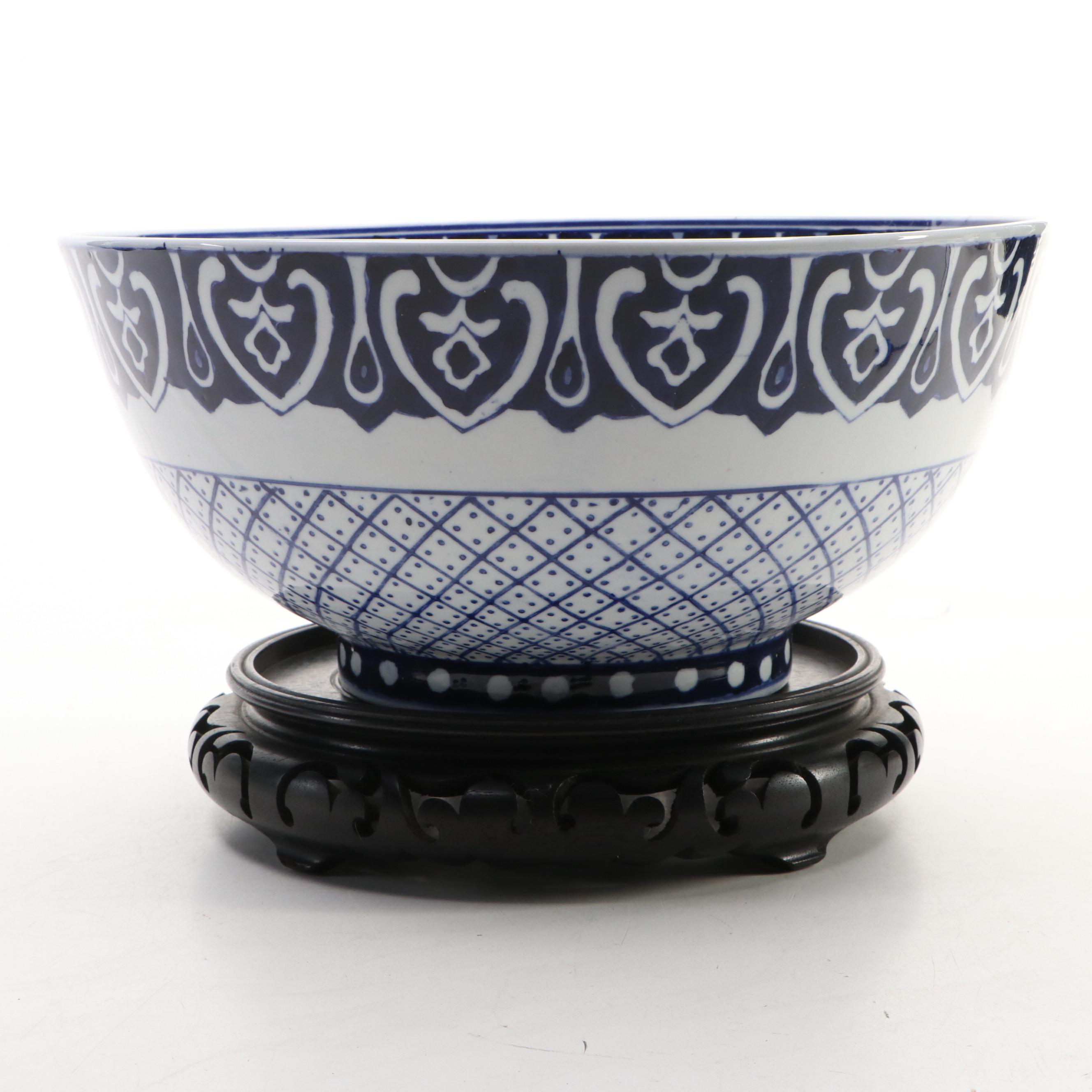 Chinese Porcelain Cobalt and White Bowl with Wood Base