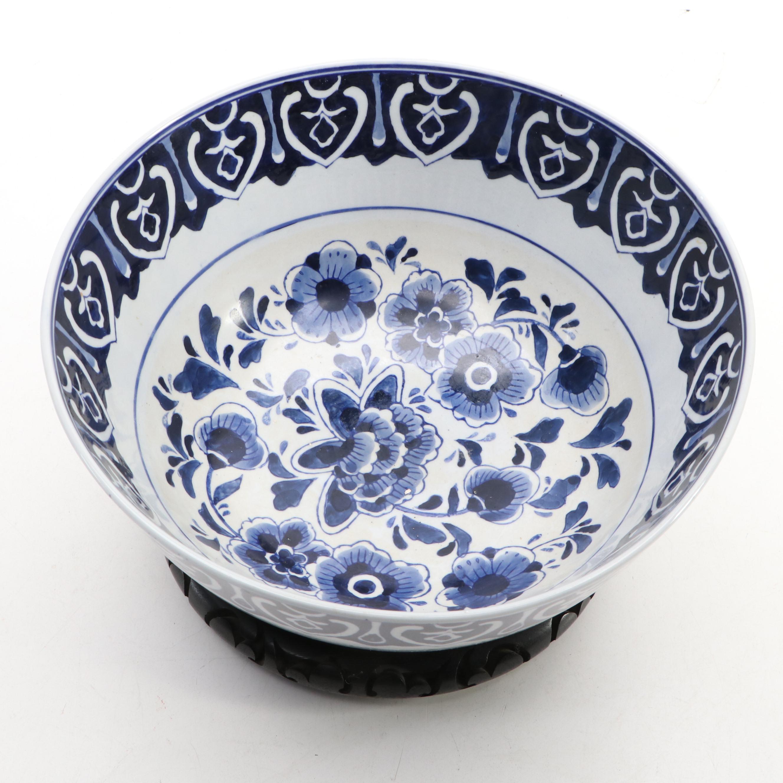 Chinese Porcelain Cobalt and White Bowl with Wood Base