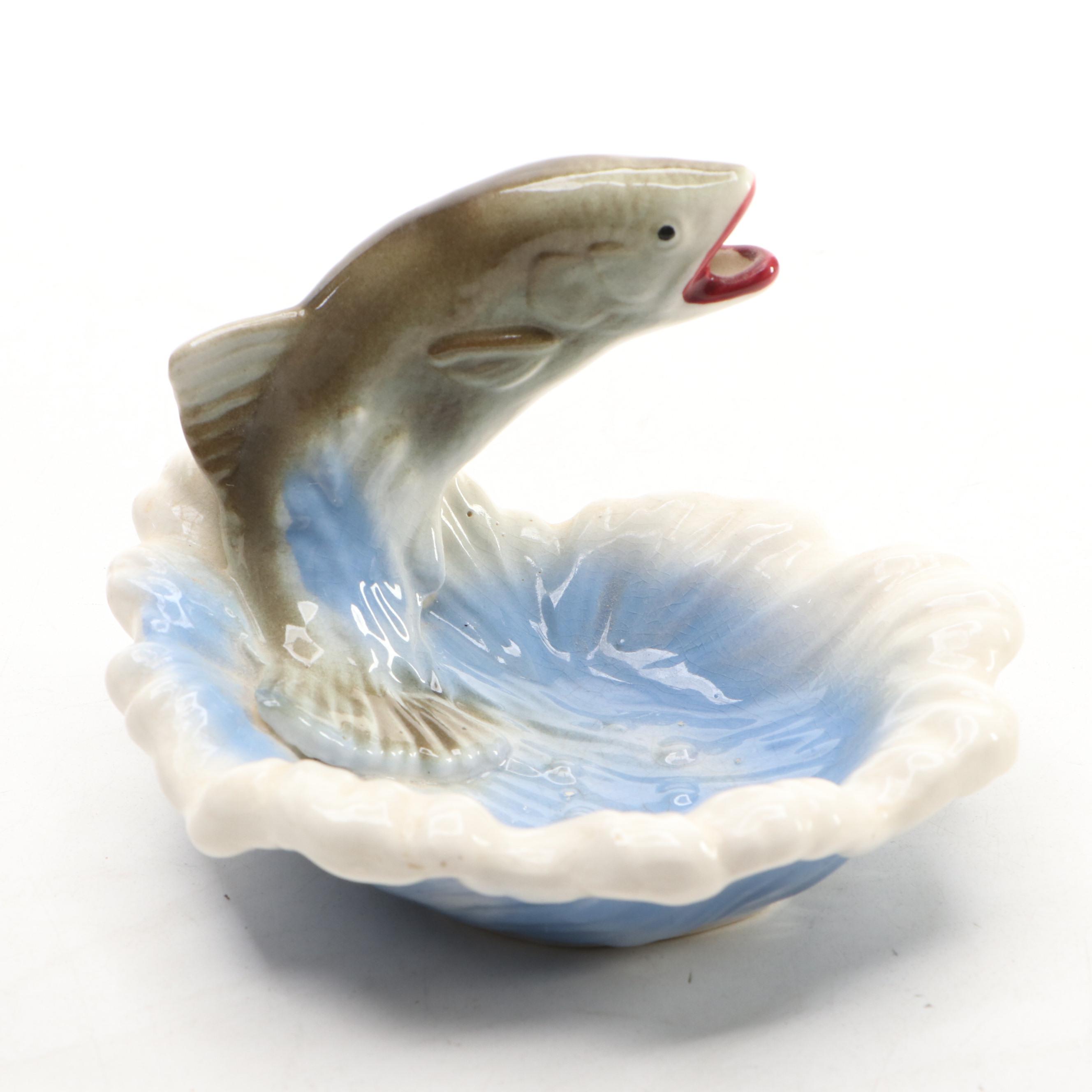 Jumping Fish Ashtray with Ceramic Perched Owl, 20th Century