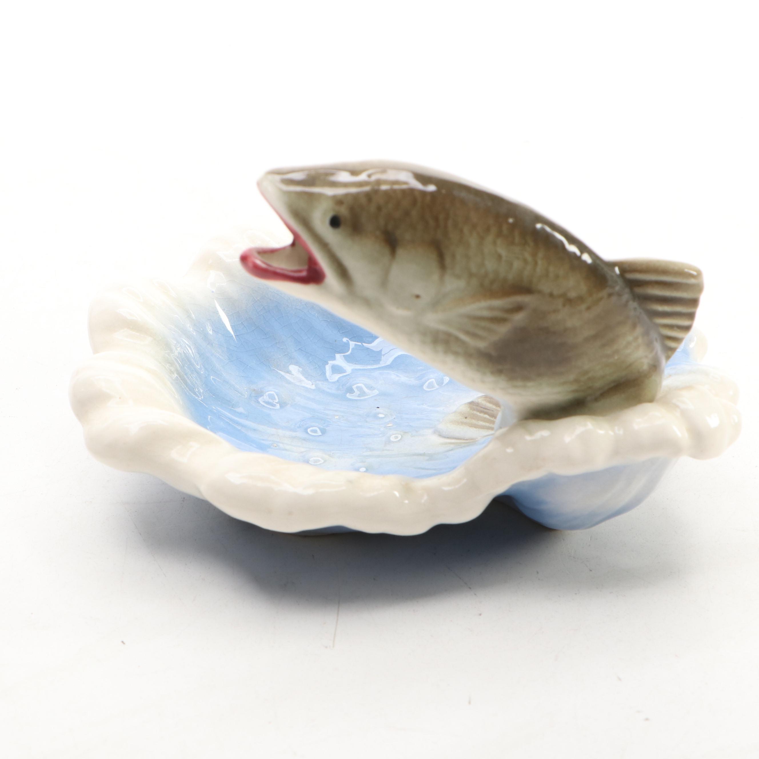 Jumping Fish Ashtray with Ceramic Perched Owl, 20th Century