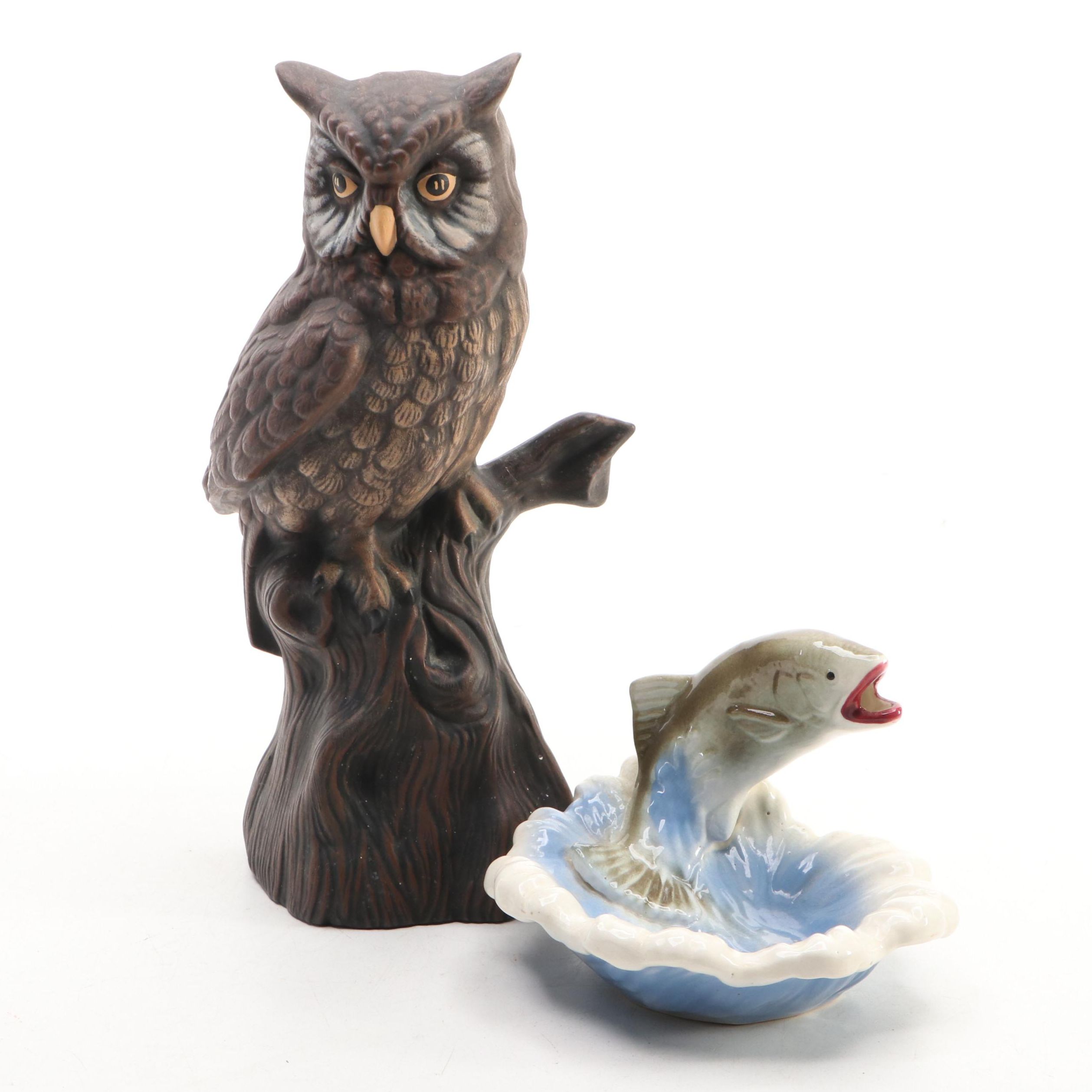 Jumping Fish Ashtray with Ceramic Perched Owl, 20th Century