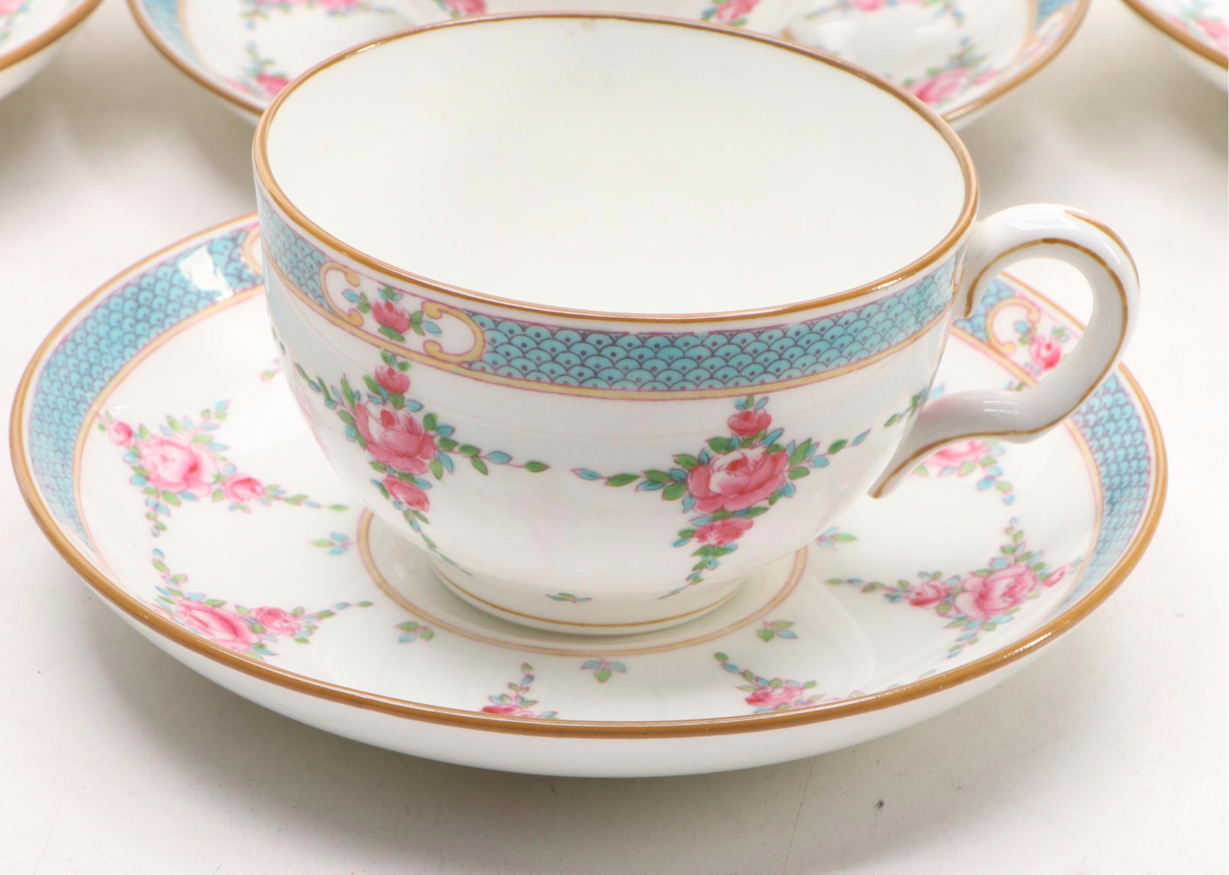 Minton English Porcelain Dessert Plates with Cups and Saucers