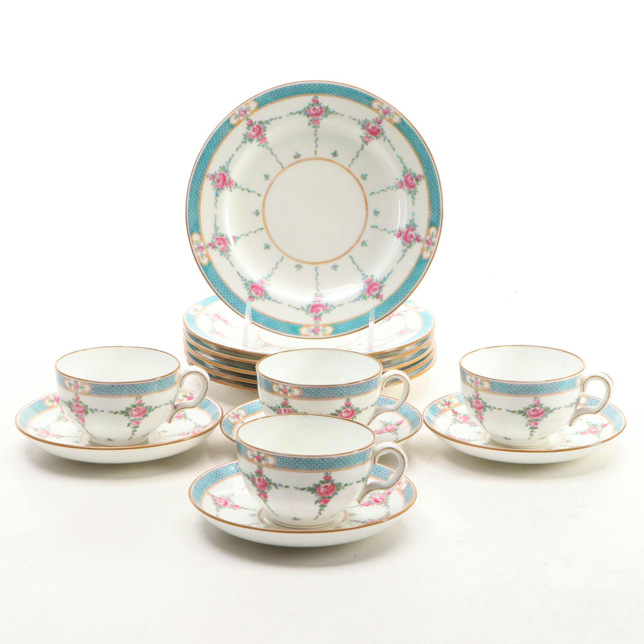 Minton English Porcelain Dessert Plates with Cups and Saucers