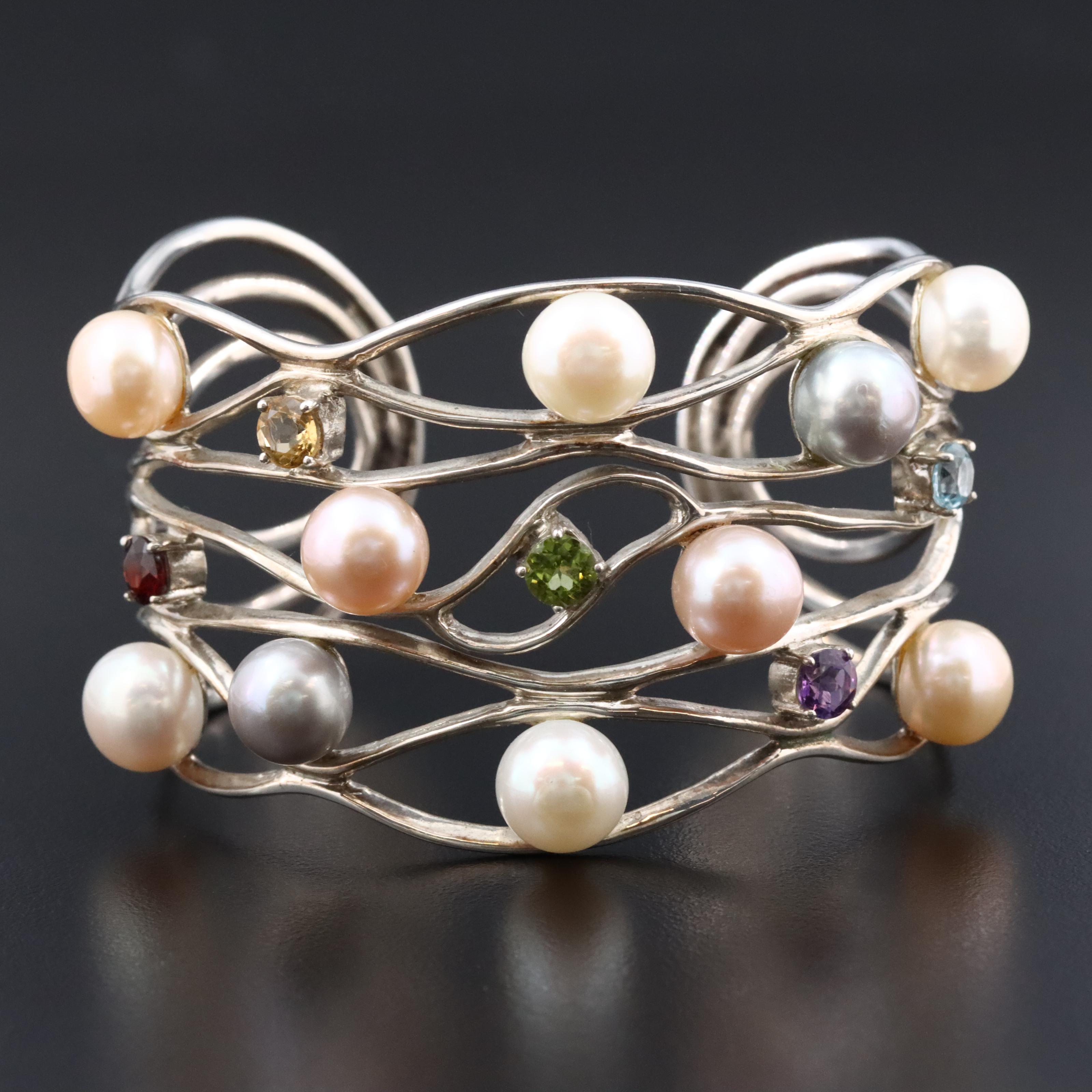 Sterling Gemstone Cuff Featuring Pearl, Amethyst, and Citrine