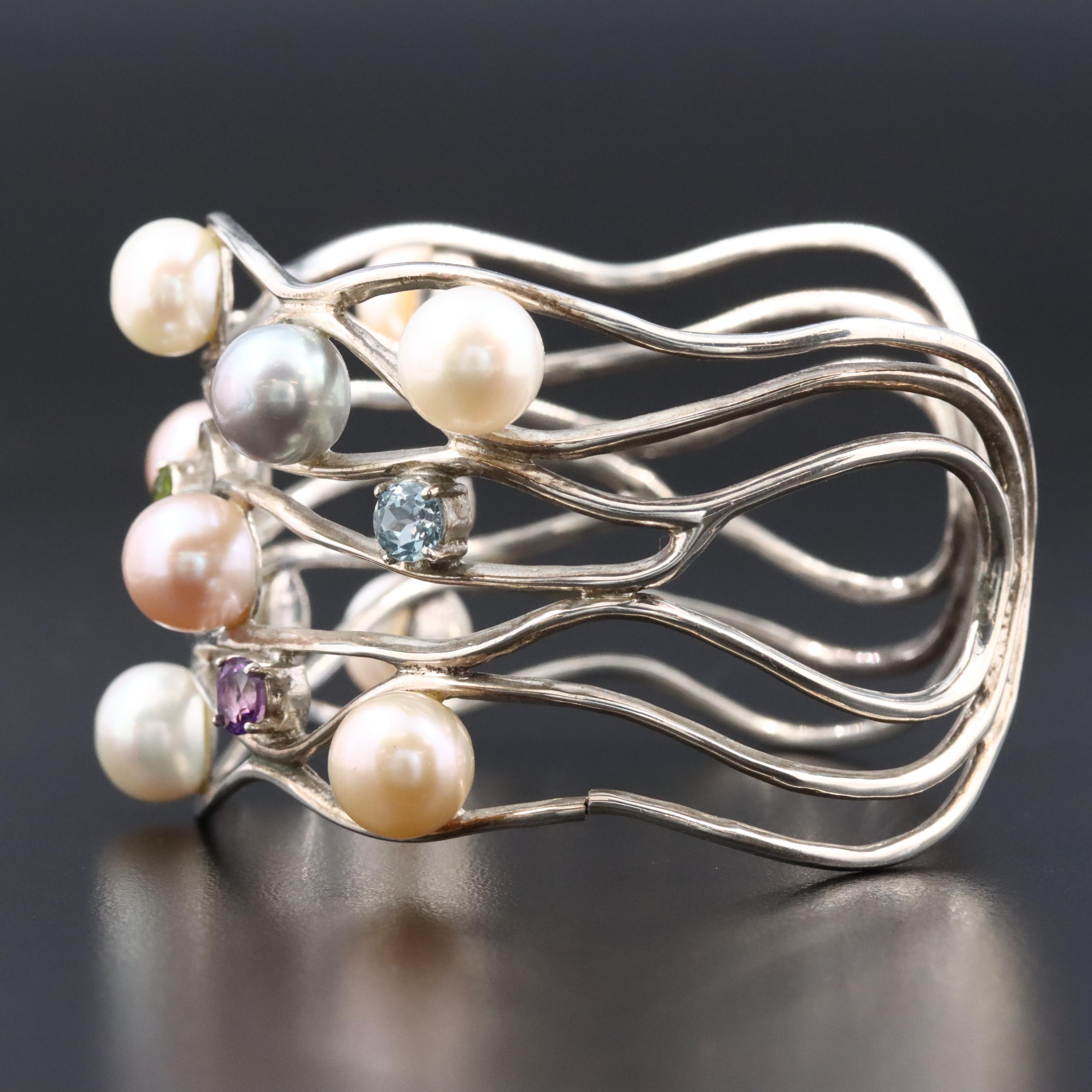 Sterling Gemstone Cuff Featuring Pearl, Amethyst, and Citrine