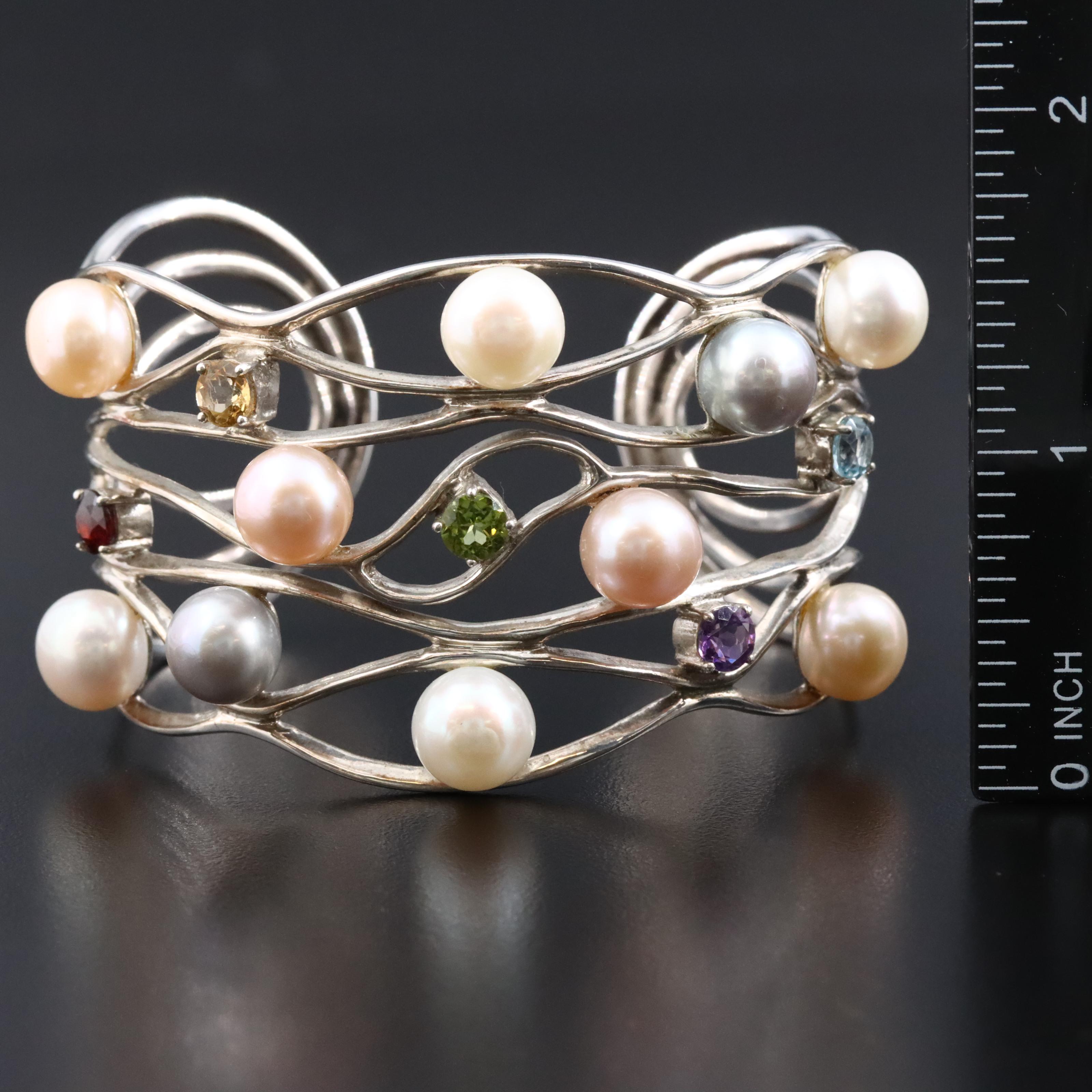 Sterling Gemstone Cuff Featuring Pearl, Amethyst, and Citrine
