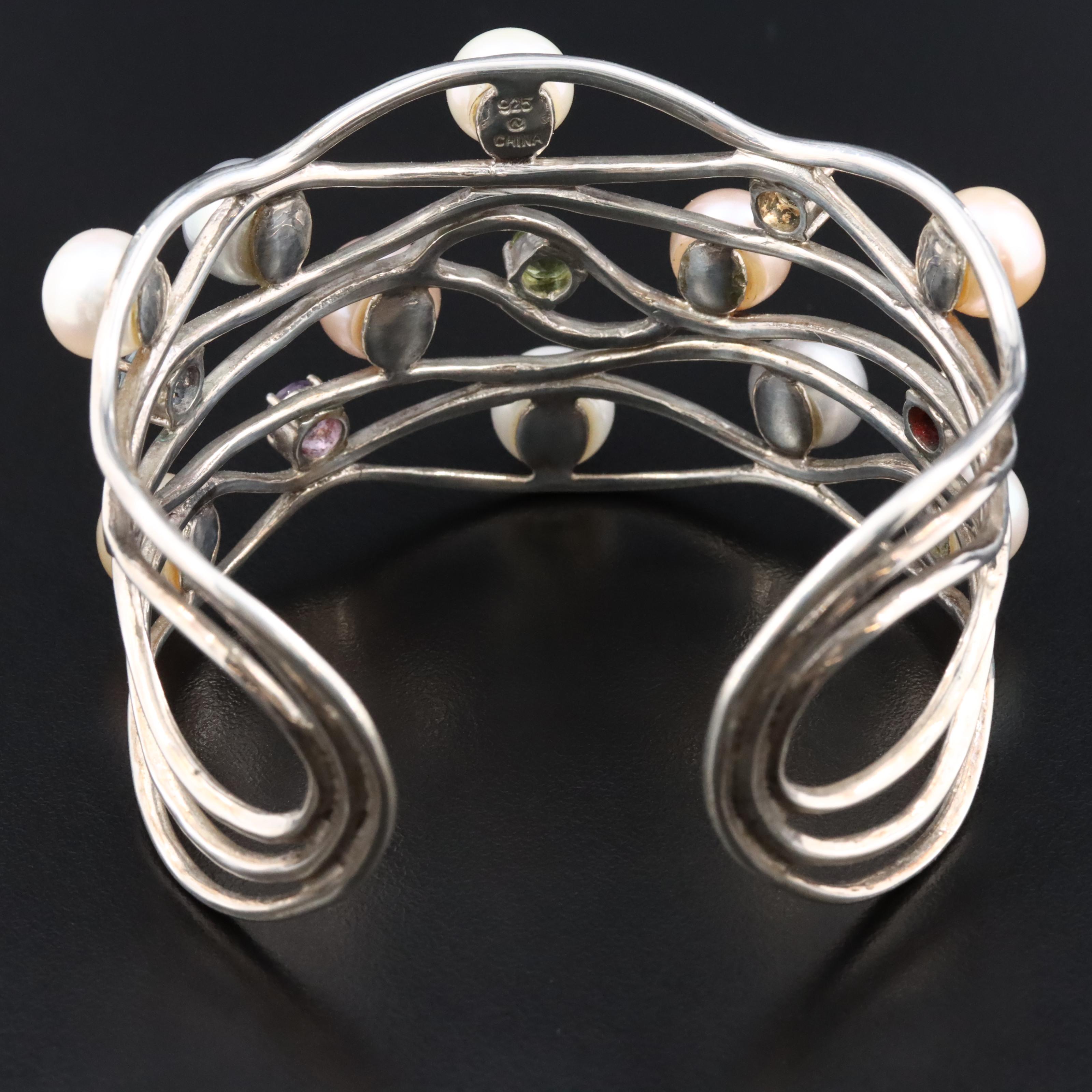 Sterling Gemstone Cuff Featuring Pearl, Amethyst, and Citrine