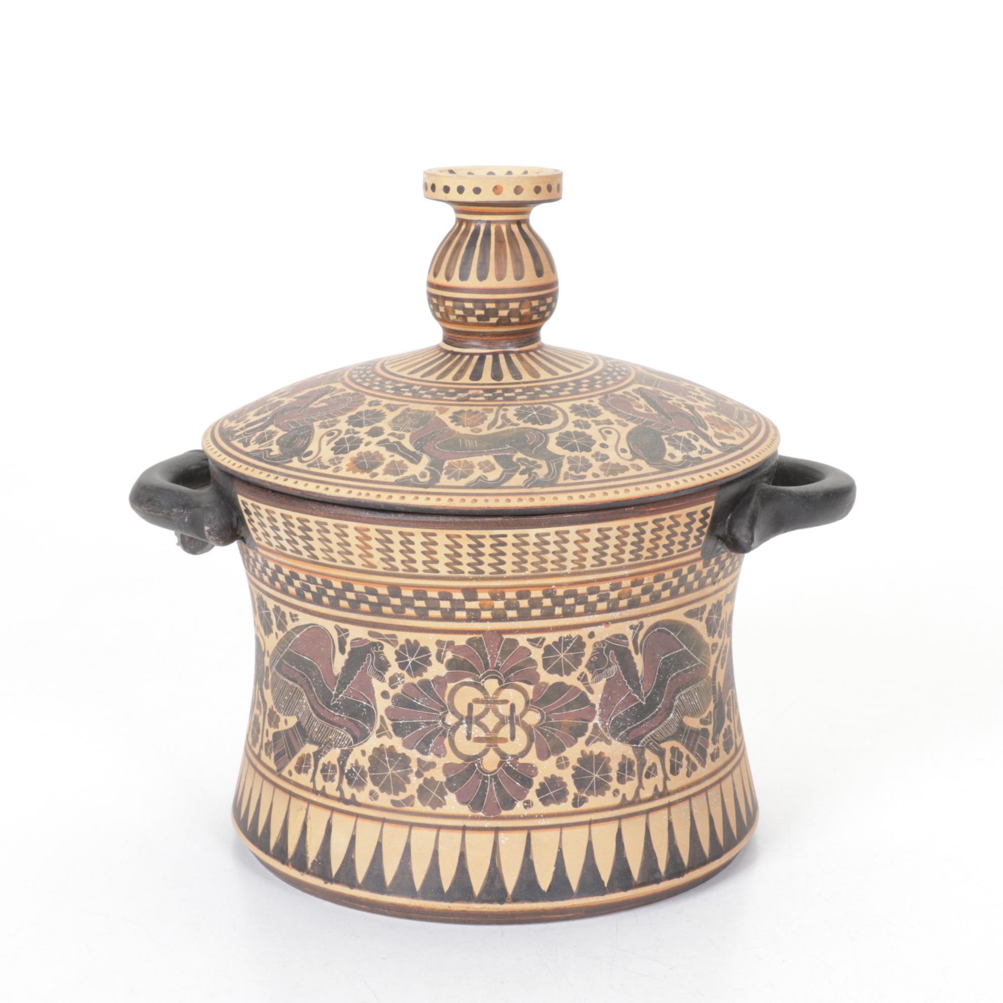 Reproduction Hand-Decorated Terracotta Corinthian Pyxls Jar