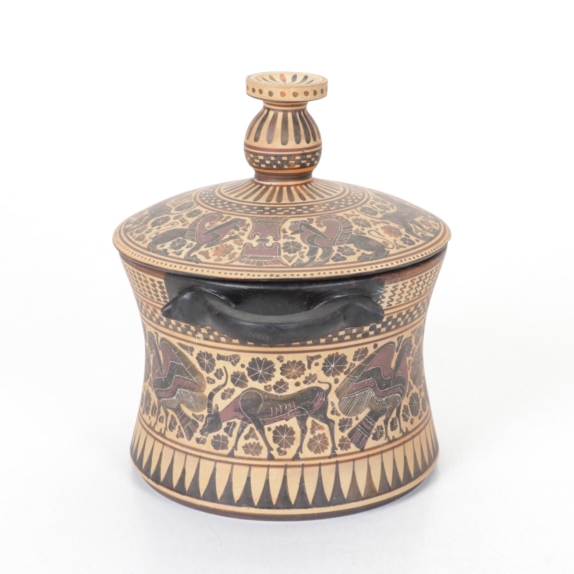 Reproduction Hand-Decorated Terracotta Corinthian Pyxls Jar