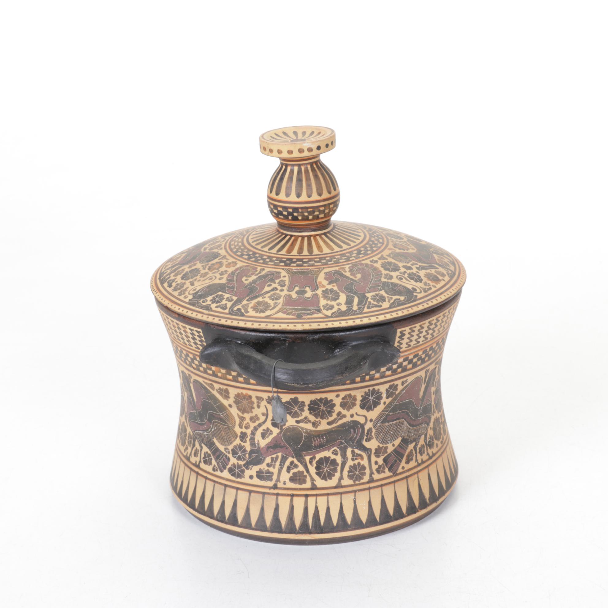 Reproduction Hand-Decorated Terracotta Corinthian Pyxls Jar