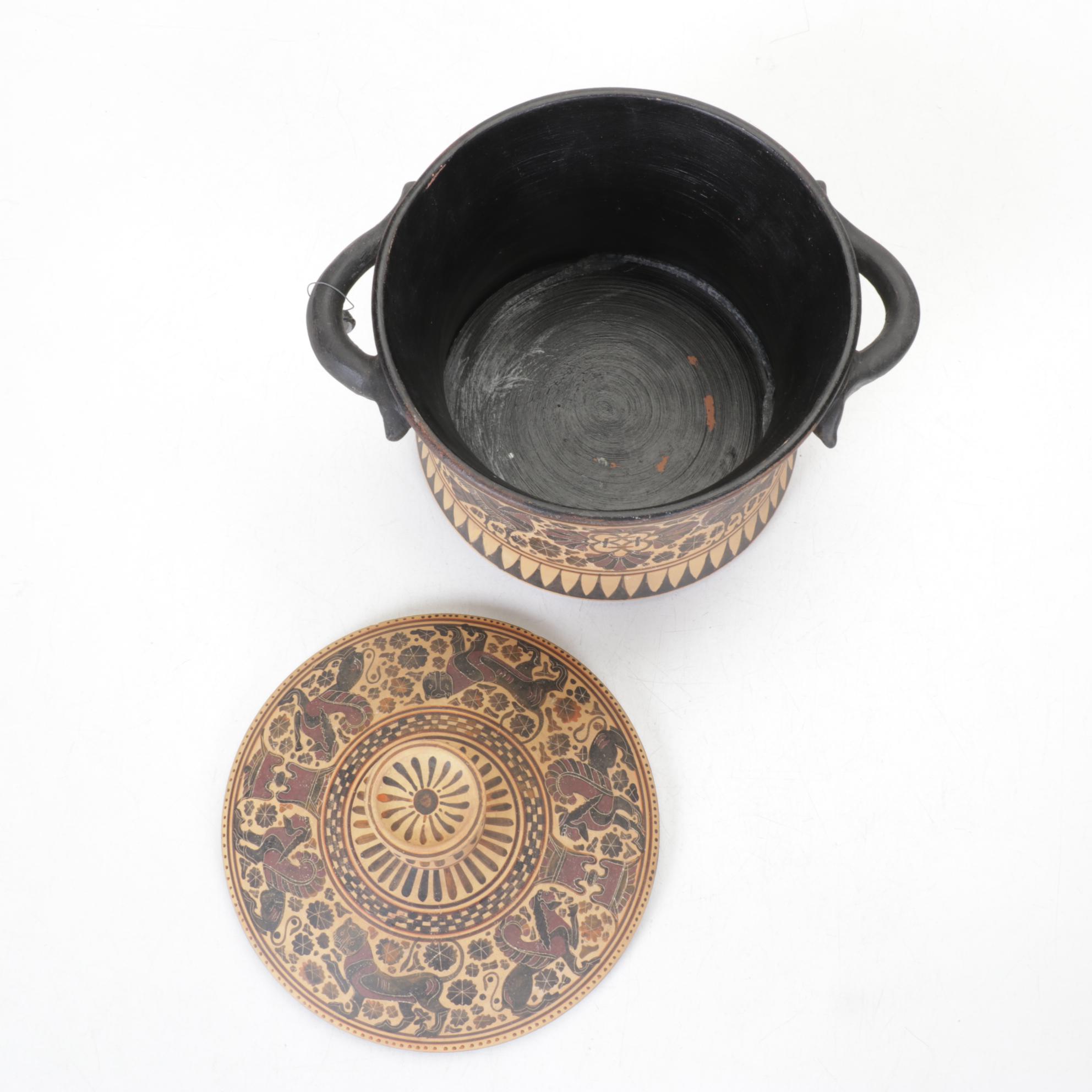 Reproduction Hand-Decorated Terracotta Corinthian Pyxls Jar