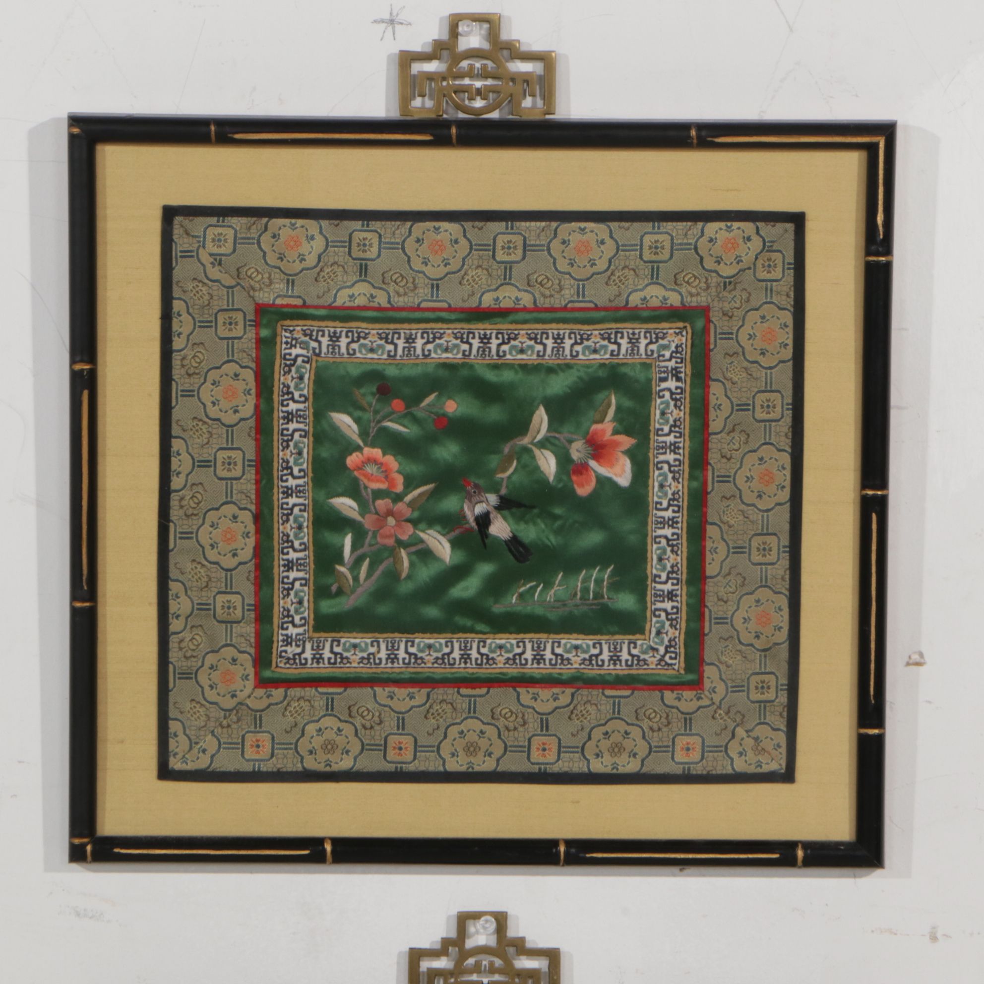 Three Chinese Hand-Embroidered Peonies, Butterflies, and Birds on Silk Panels