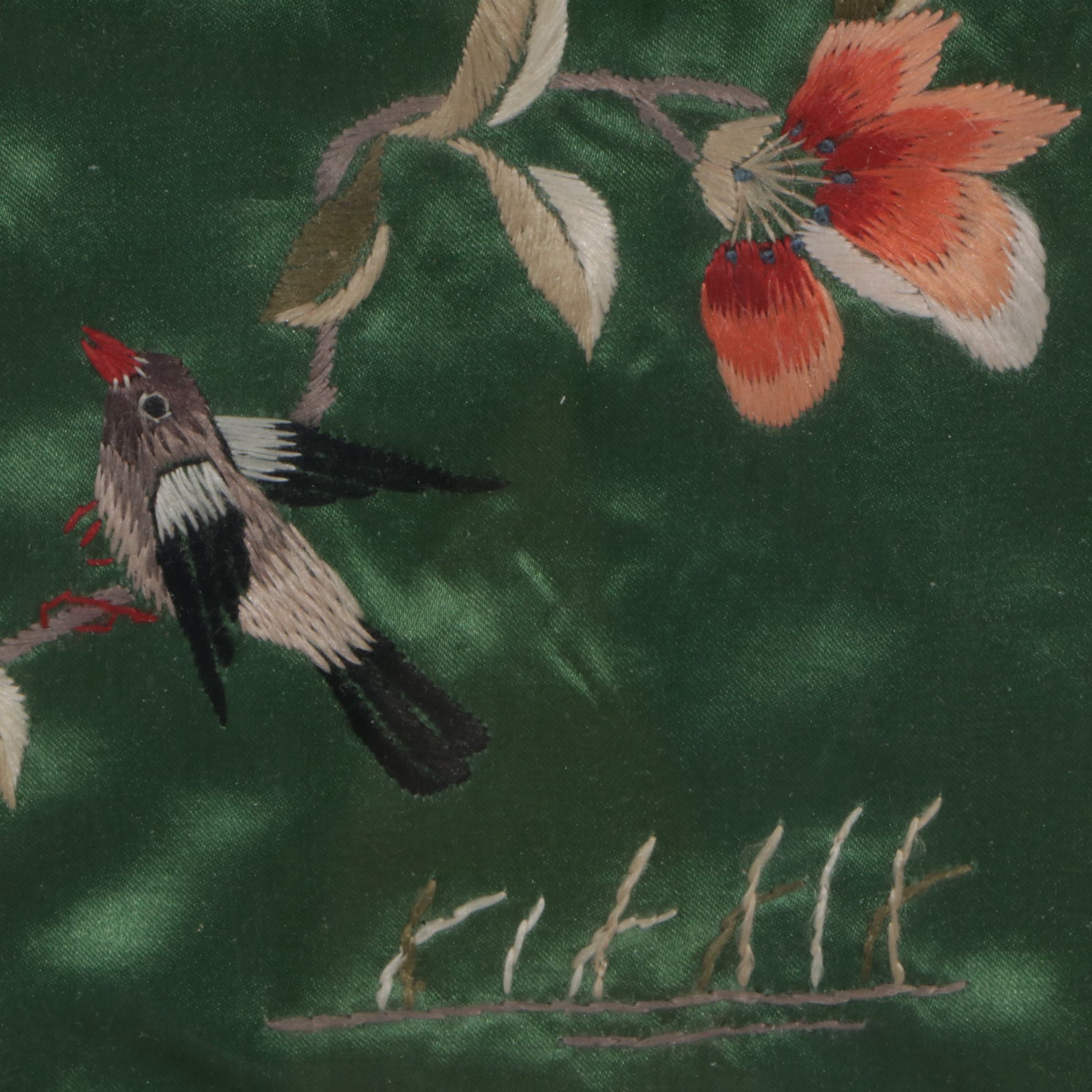 Three Chinese Hand-Embroidered Peonies, Butterflies, and Birds on Silk Panels