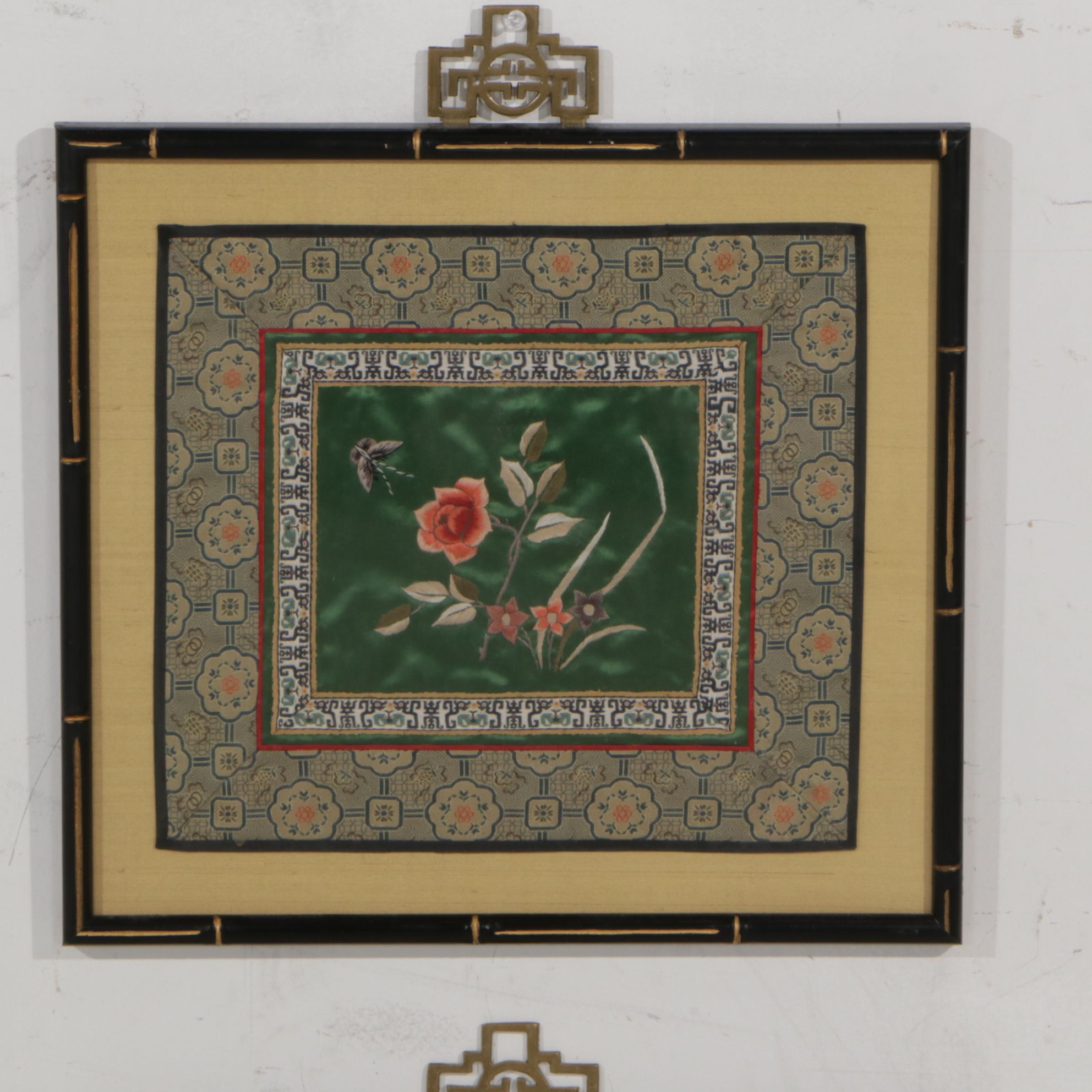 Three Chinese Hand-Embroidered Peonies, Butterflies, and Birds on Silk Panels