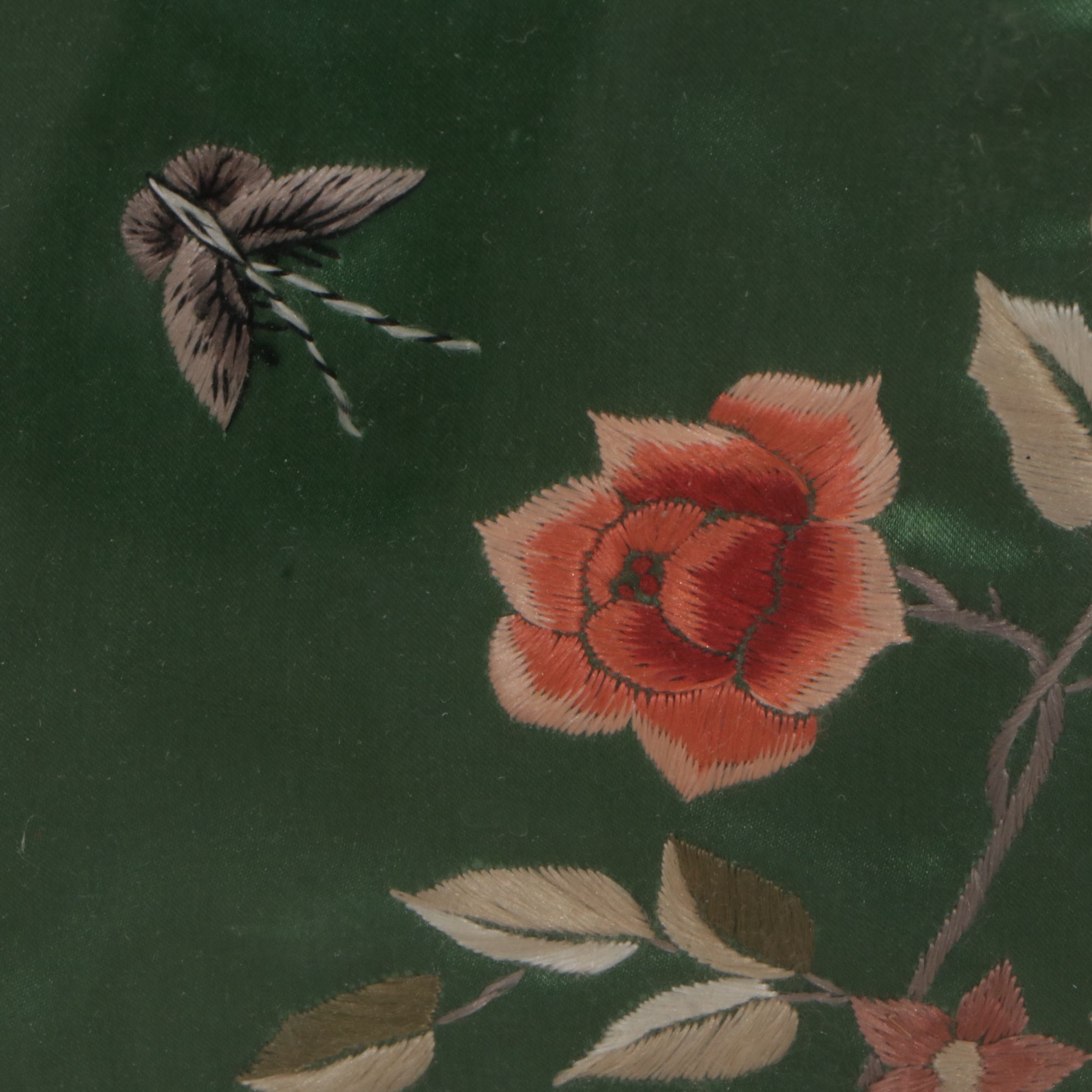 Three Chinese Hand-Embroidered Peonies, Butterflies, and Birds on Silk Panels