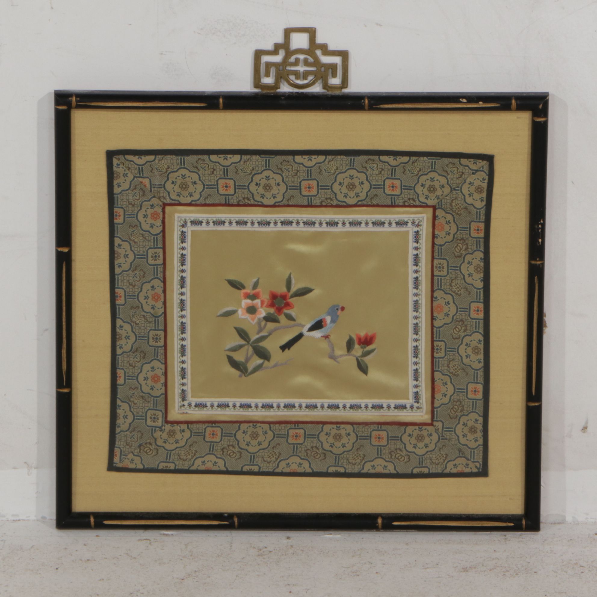 Three Chinese Hand-Embroidered Peonies, Butterflies, and Birds on Silk Panels