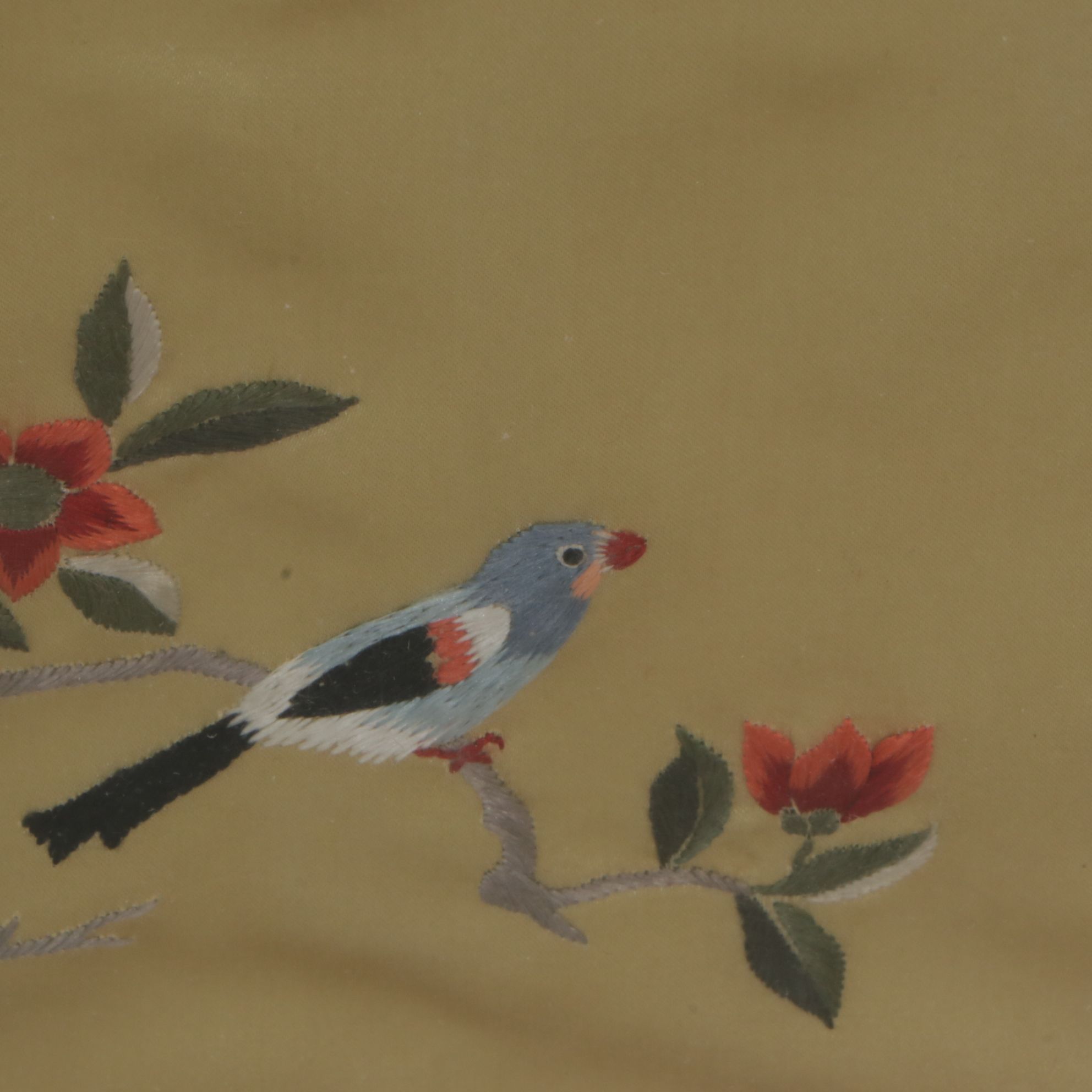 Three Chinese Hand-Embroidered Peonies, Butterflies, and Birds on Silk Panels